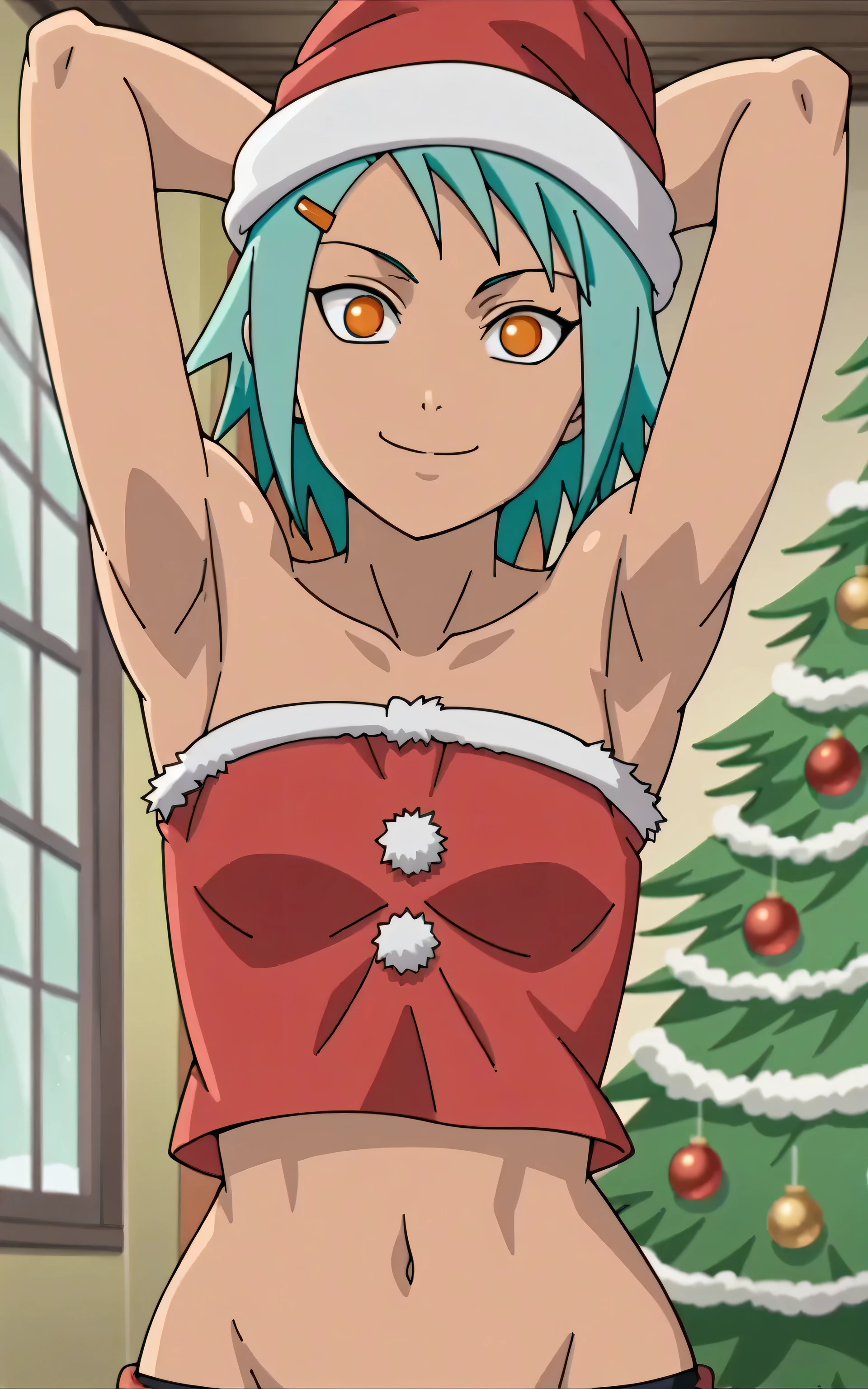 score_9, score_8_up, score_7_up, source_anime, anime screencap, 1girl, solo, fuu, bare shoulders, bare arms, hairclip, Santa costume, red costume, Santa hat, navel, bellybutton, Christmas tree, arms behind head, armpits, looking at viewer, head towards viewer, smile, closed mouth, badhandv4, indoors, strapless 