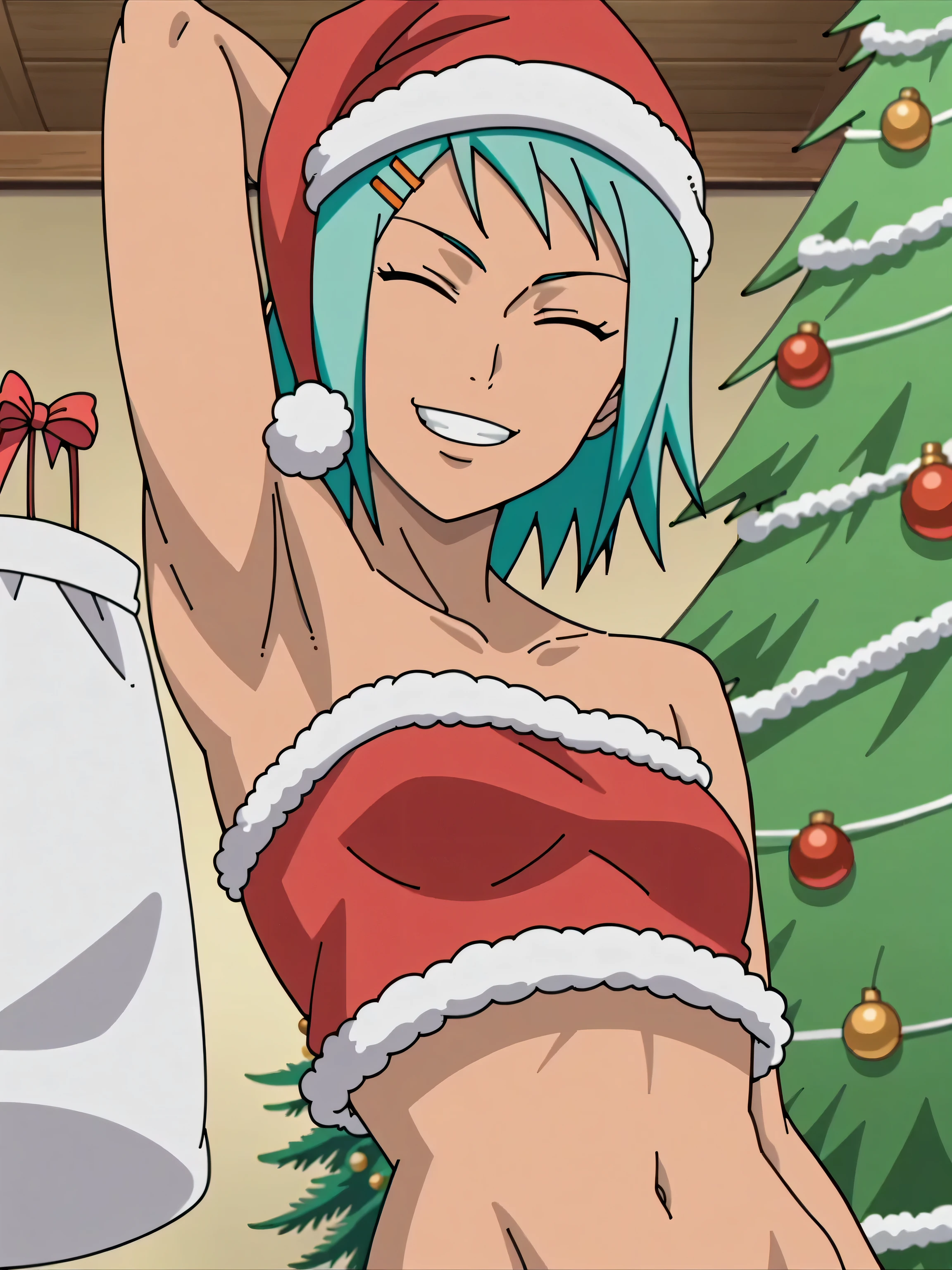 score_9, score_8_up, score_7_up, source_anime, anime screencap, 1girl, solo, fuu, bare shoulders, bare arms, hairclip, Santa costume, red costume, Santa hat, navel, bellybutton, Christmas tree, arms behind head, armpits, looking at viewer, head towards viewer, smile, closed mouth, badhandv4, indoors, strapless 