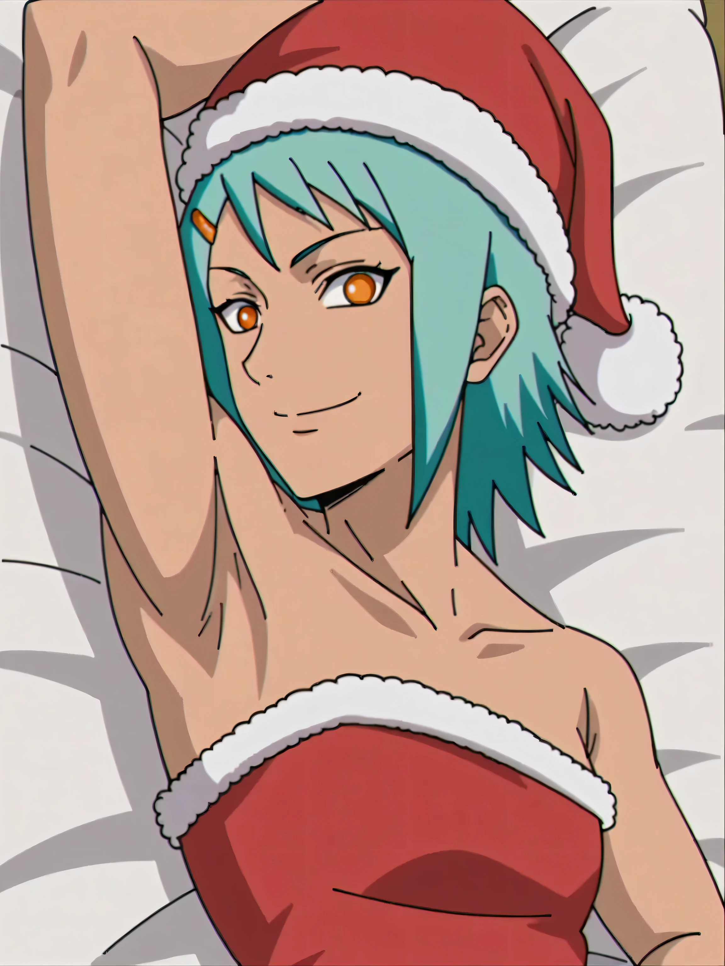 score_9, score_8_up, score_7_up, source_anime, anime screencap, 1girl, solo, fuu, bare shoulders, bare arms, hairclip, Santa costume, red costume, Santa hat, navel, bellybutton, Christmas tree, arms behind head, armpits, looking at viewer, head towards viewer, smile, closed mouth, badhandv4, indoors, strapless 