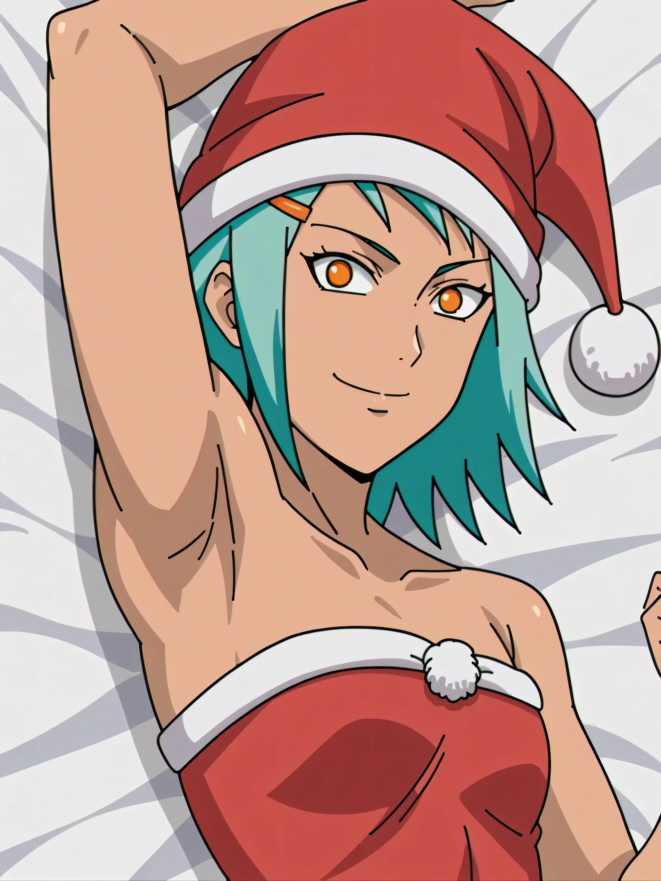 score_9, score_8_up, score_7_up, source_anime, anime screencap, 1girl, solo, fuu, bare shoulders, bare arms, hairclip, Santa costume, red costume, Santa hat, navel, bellybutton, Christmas tree, arms behind head, armpits, looking at viewer, head towards viewer, smile, closed mouth, badhandv4, indoors, strapless 