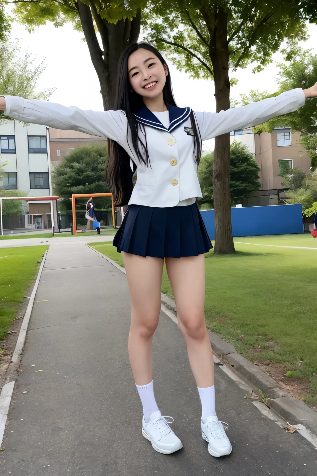 One girl, happy, smiling, (super time: 1.2), ((school uniform: 1.2)), RAW photo, (photorealistic: 1.37, real), high-definition CG integrated 8K wallpaper, looking at the viewer, ((( Front View) ))), (HQ Skin:1.8, Glossy Skin), 8k UHD, DSLR, Soft Lighting, High Quality, Film Grain, Fujifilm XT3, ((Whole Body)), (Professional Lighting: 1.6), white socks, feet with socks, ((sheer underwear)), open legs, open legs