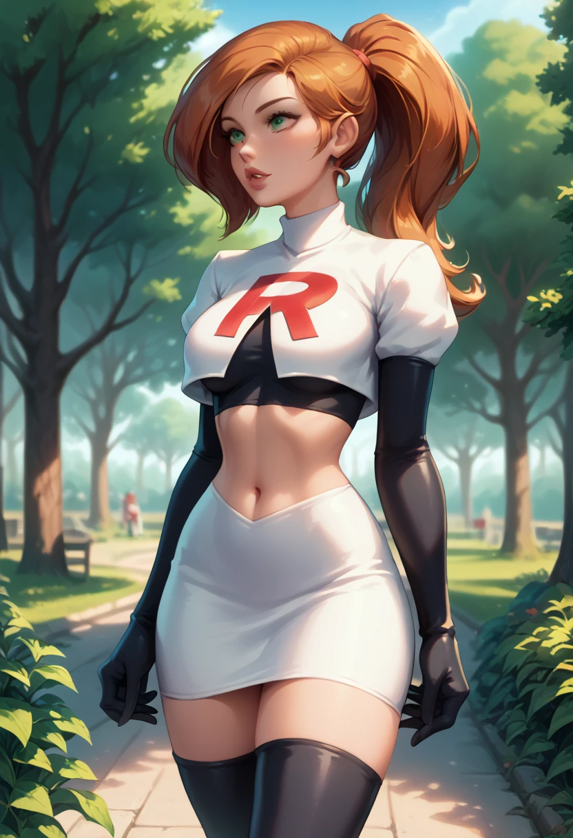 score_9, score_8_up, score_7_up, 1girl, solo, beautiful waifu, Kim Possible, ponytail, detailed lips, detailed eyes, detailed face, Cosplay_TeamRocket, team rocket uniform, white jacket, cropped jacket, white skirt, elbow gloves, black thigh highs, in beautiful green park, trees, shallow depth of field.