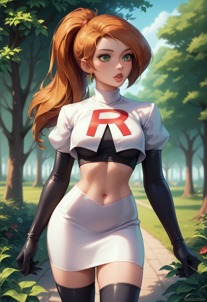 score_9, score_8_up, score_7_up, 1girl, solo, beautiful waifu, Kim Possible, ponytail, detailed lips, detailed eyes, detailed face, Cosplay_TeamRocket, team rocket uniform, white jacket, cropped jacket, white skirt, elbow gloves, black thigh highs, in beautiful green park, trees, shallow depth of field.