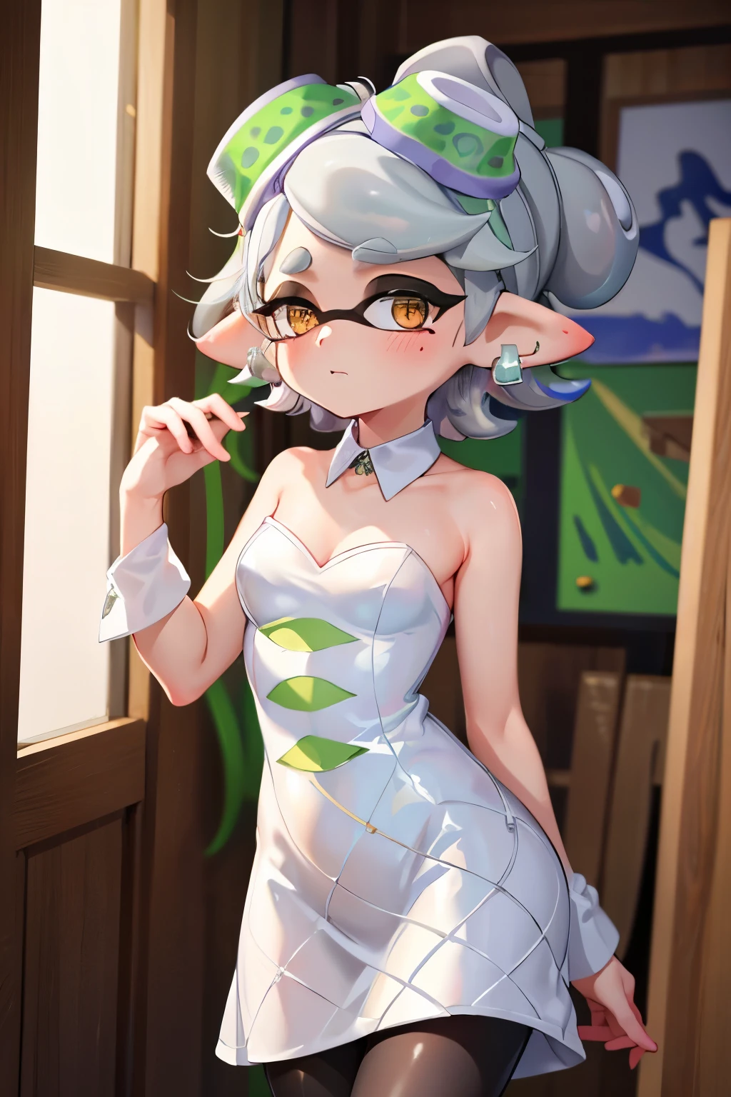 (8k, raw photo, masterpiece, extremely detailed, best quality, professional lighting, high res), BREAK beautiful and adorable girl, marie, splatoon, inkling, tentacle hair, sleepy eyes, slim body, 140 cm height, little big head, ennui, mysterious