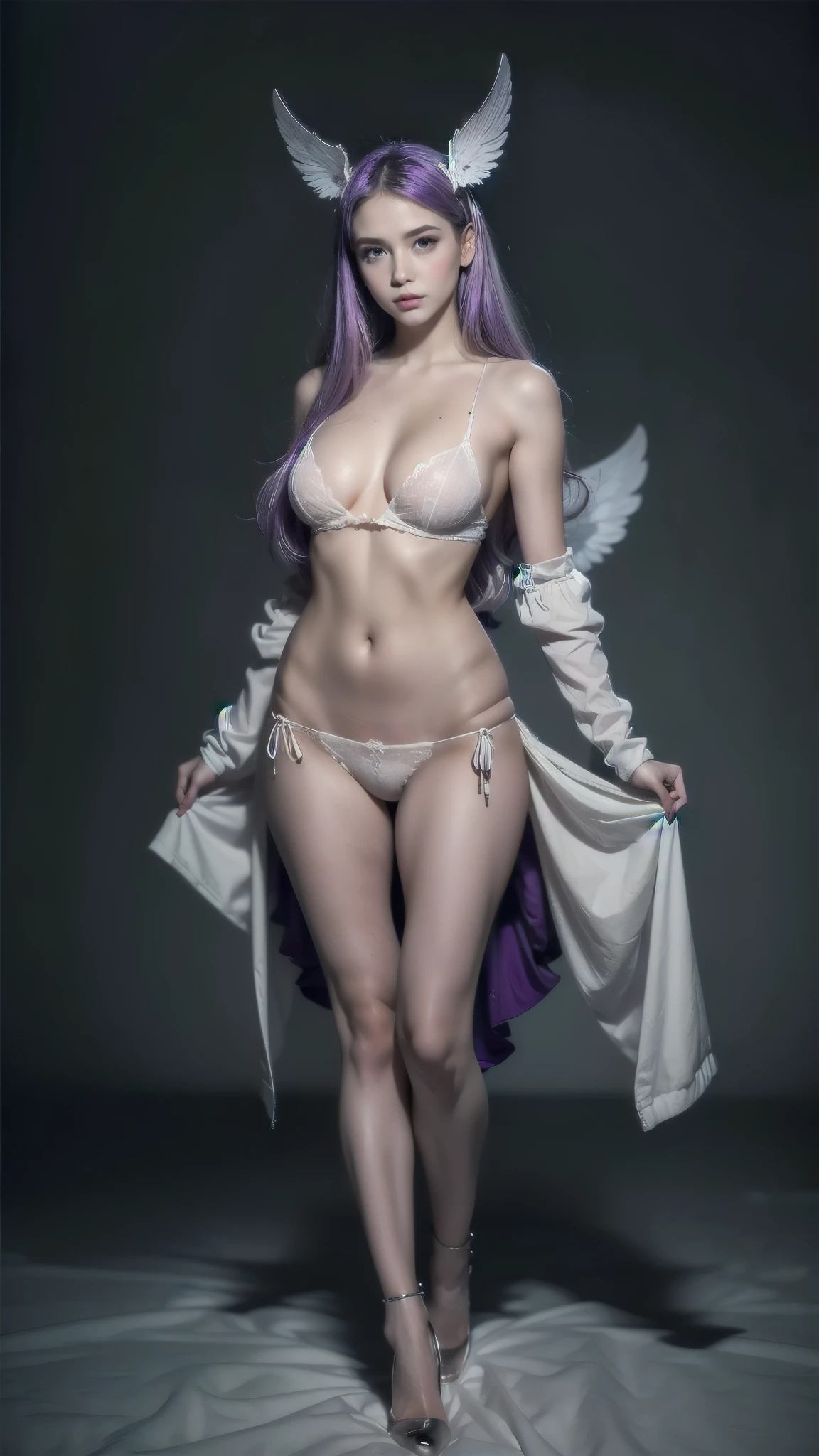   A cute BJD doll  ，  full body  composition， short detailed hair ，  Two-headed body  , wings on the back, elf ears, cloth texture  ，real hair, white hair, body proportions, (Chapped lips:1.4), (:1.2), shortening, black cuts, (eye contact),   , ultra  high resolution,  high resolution, detailed, Clean face,  ( sexy face :1.5), (big purple eyes:1.2), ( ultra detailed eyes:1.4), (  High-resolution eyes  :1.1), (Ultra detailed skin texture:1.4), Persephone, Persephone, Persephone, (sfw:1.5),  ( full body :1.8), ( upper body:0.3), (hyper realistic:1.4), (realistic:1.3), ( best quality real skin texture), olhos detaileds, detailed face,   camel toe  
