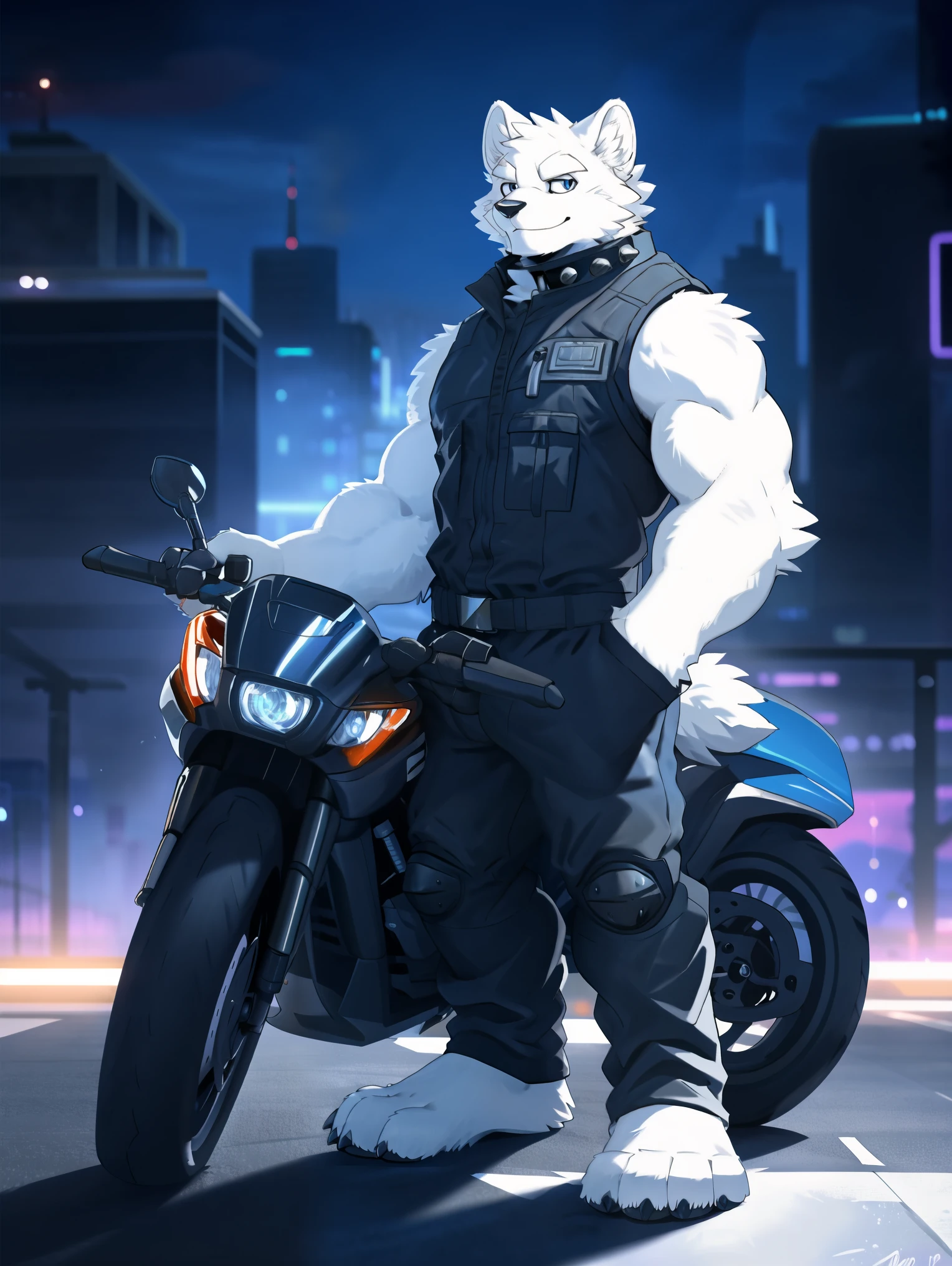 ((All white fur:1.5)),  unique ,   perfect sky blue eyes  , Spiked collar, (artist:takemoto arashi), Mature face, Elders,  long eyelashes ,  wearing athletic workwear| black pants, ((Tall and thin)), (The back of the character),  leaning on a motorcycle , City night background, barefoot, Reach out, Smiling wickly ,  cyberpunk,  first-person view , From the side,  atmospheric perspective,  super detailed ,  height detail , 8K