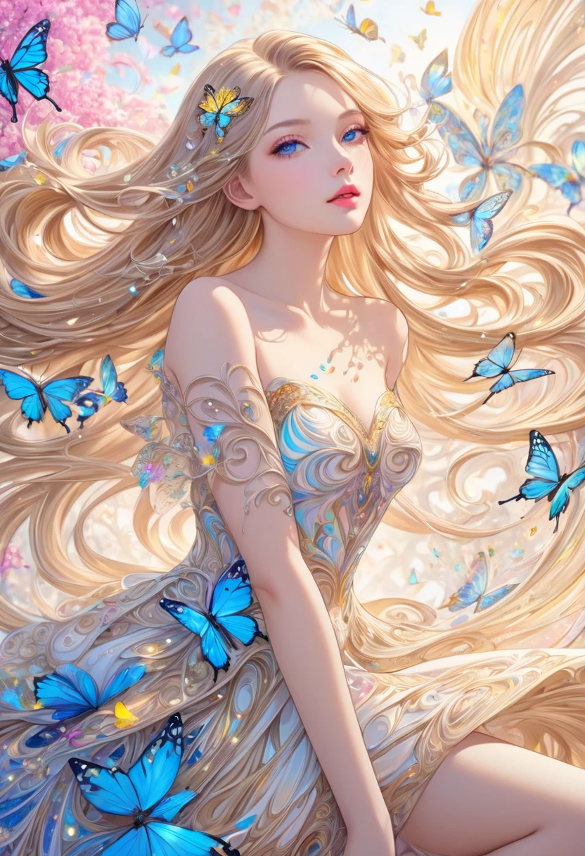  ( best quality ,  high image quality,  high definition , 8k),  Wears a Beige Thread Flowing Skirt , Anatomically perfect,  Very Attractive Pretty Girl ,  Exquisite Narrow Eyes ,  pink lips,  Her Beige Hair Flows in the Wind , The blue butterfly and the yellow butterfly,  Swirling Around the Girl 、 Very Very Fantastic ,  Extraordinary Glitter ,  Glitter Art Decor, Soft Rich Level ,  Vivid Tones ,  Visually Beautiful Composition , Best Light ,  Shading Error ,  Complicated Ultra Detailed Art Pen ,  Pentel Illustration Style , 
