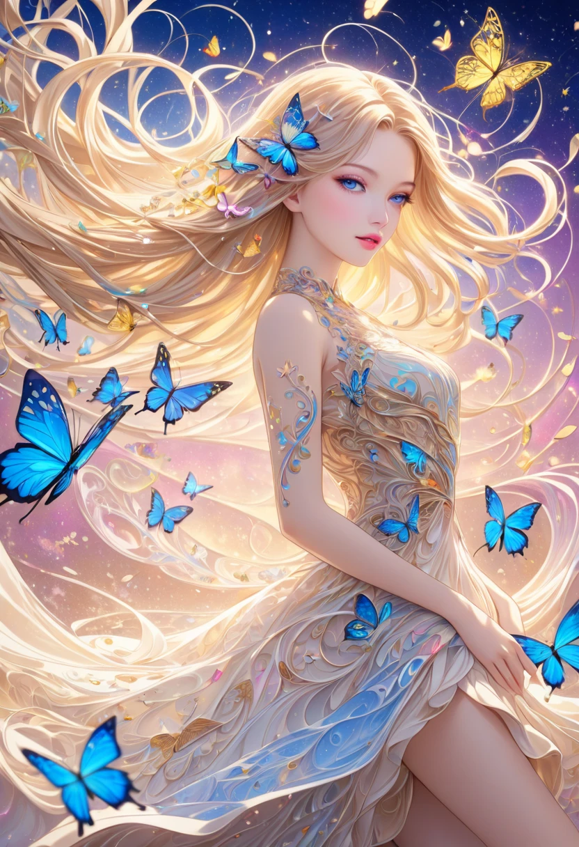  ( best quality ,  high image quality,  high definition , 8k),  Wears a Beige Thread Flowing Skirt , Anatomically perfect,  Very Attractive Pretty Girl ,  Exquisite Narrow Eyes ,  pink lips,  Her Beige Hair Flows in the Wind , The blue butterfly and the yellow butterfly,  Swirling Around the Girl 、 Very Very Fantastic ,  Extraordinary Glitter ,  Glitter Art Decor, Soft Rich Level ,  Vivid Tones ,  Visually Beautiful Composition , Best Light ,  Shading Error ,  Complicated Ultra Detailed Art Pen ,  Pentel Illustration Style , 
