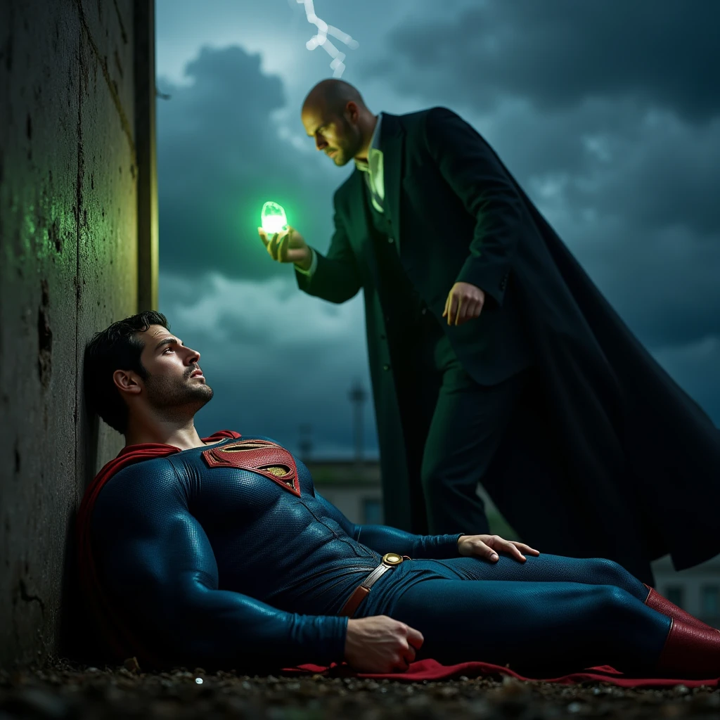 A muscular attractive h3nr4, Henry Cavil with Short stubble, strong physique, muscular thighs, Sexy and charming expression，gloomy eyes，Blue eyes, wetclothes, dressed in tight blue Superman suit, a red cape falls behind his shoulders, lies on the floor leaning against a wall, in pain, with his eyes closed. Standing front to Henry is a bald man, dressed in a dark suit, holding a glowing green crystal in his hand. Dark clouds lightning background, night lighting, cinematic and moody, (best quality,4k,8k,highres,masterpiece:1.2),ultra-detailed,(realistic,photorealistic,photo-realistic:1.37),HDR,studio lighting,professional,vivid colors,dramatic lighting