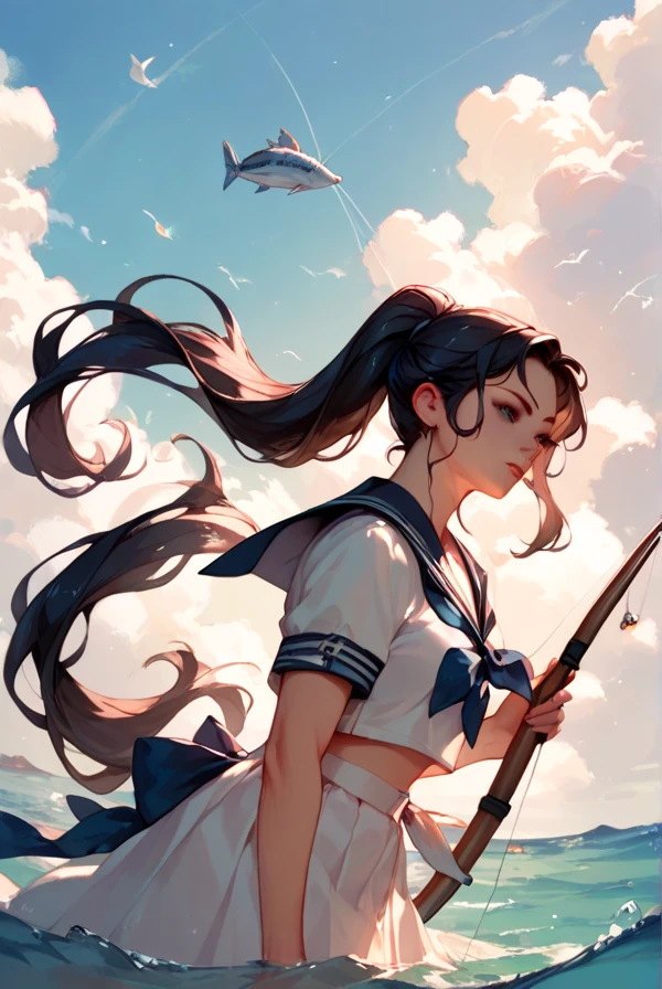 Black hair, long hair, ponytail, beautiful black eyes, sailor suit, breakwater, girl fishing on the breakwater