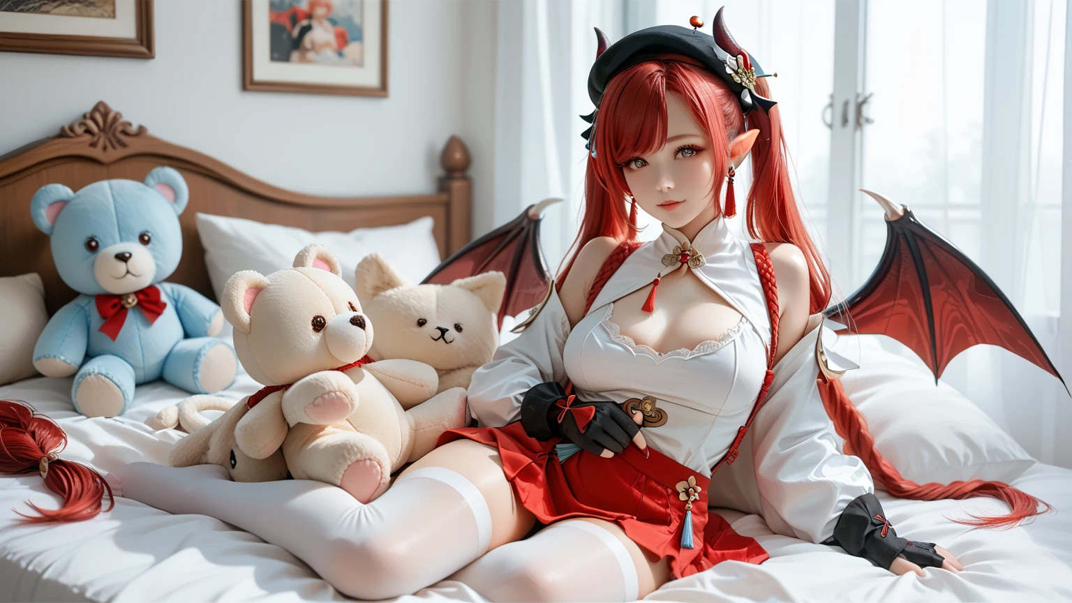 masutepiece, Best Quality, 1girl in, Solo, Yellow eyes, Red hair, Medium chest, Demon Girl, demon tail, Demon Wings, small demonic horns, pointy ear,Twin-tailed, Bat hair ornament, Cape, White shirt, White legwear, stuffed toy, plushies, beret, gloves, Bangs, hat,fullnude,All ,Open your crotch,take bath,taking shower,enter hot spring,,urinate,Foam on the body,Opening Mouth,Foam flows from the mouth,