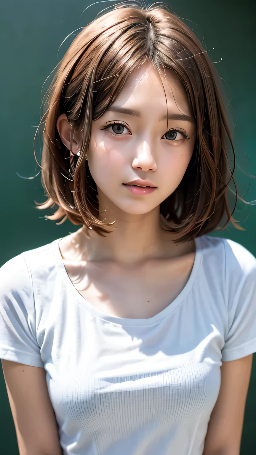 (masterpiece, best quality:1.2), 8k, absurd, ( upper body:1.2), violet, Gardenia, 、 College Student 、 beautiful girl, ( pretty face, detailed face :1.2), Thin fabric、 is transparent、(Short sleeve、 school uniform ), watch viewers, film grain , Color Difference, sharp concentration, high definition , face light,Hands on head、Nipples、 ( simple background, Dull Blue Background:1.3)