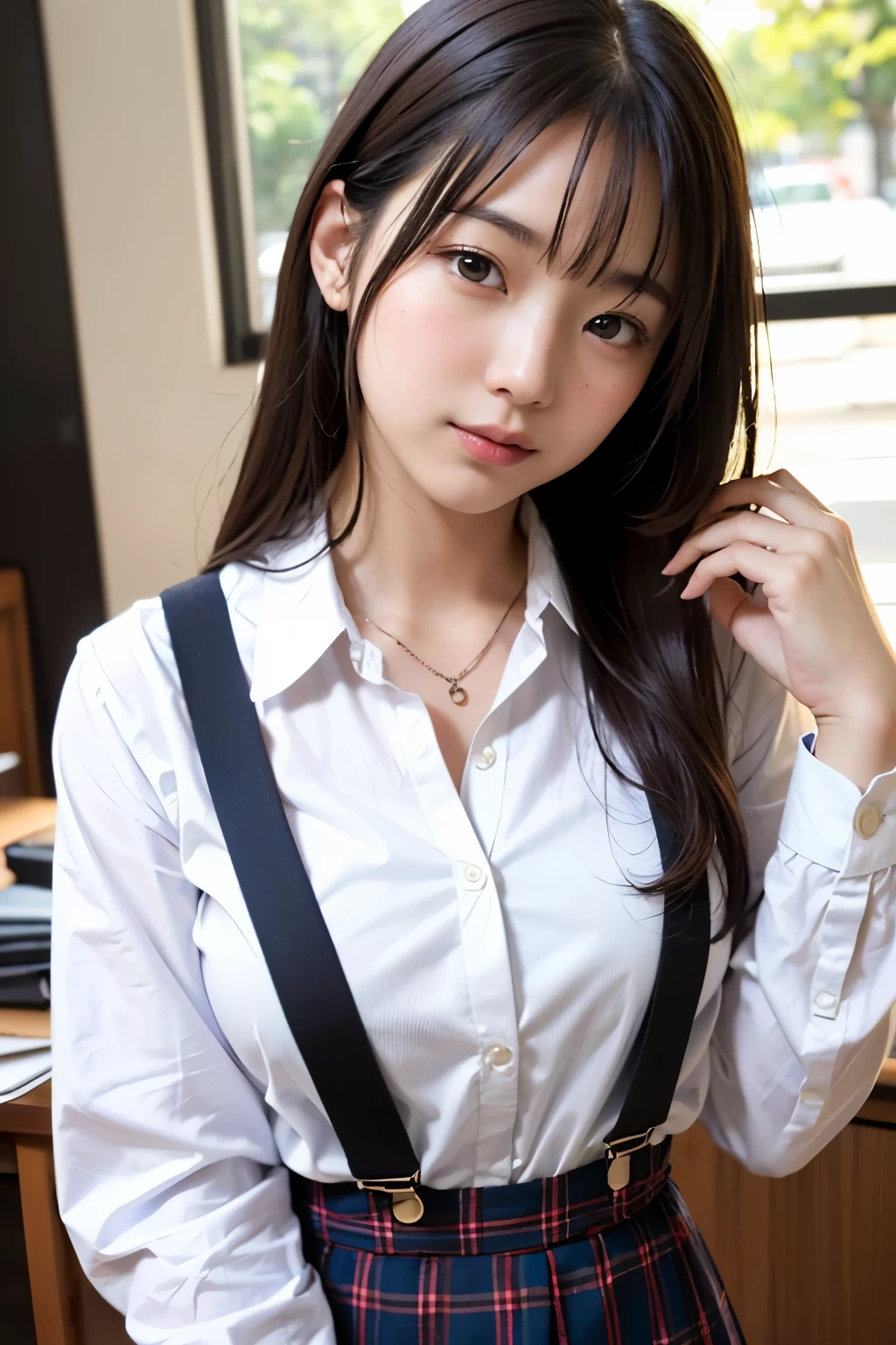 Top Quality, Ultra High Definition, (Photorealistic: 1.4), 1 girl, white blouse, blue skirt, bow tie, (faded ash-gray hair: 1), (Normal breasts: 1), Watch viewer, Cafe