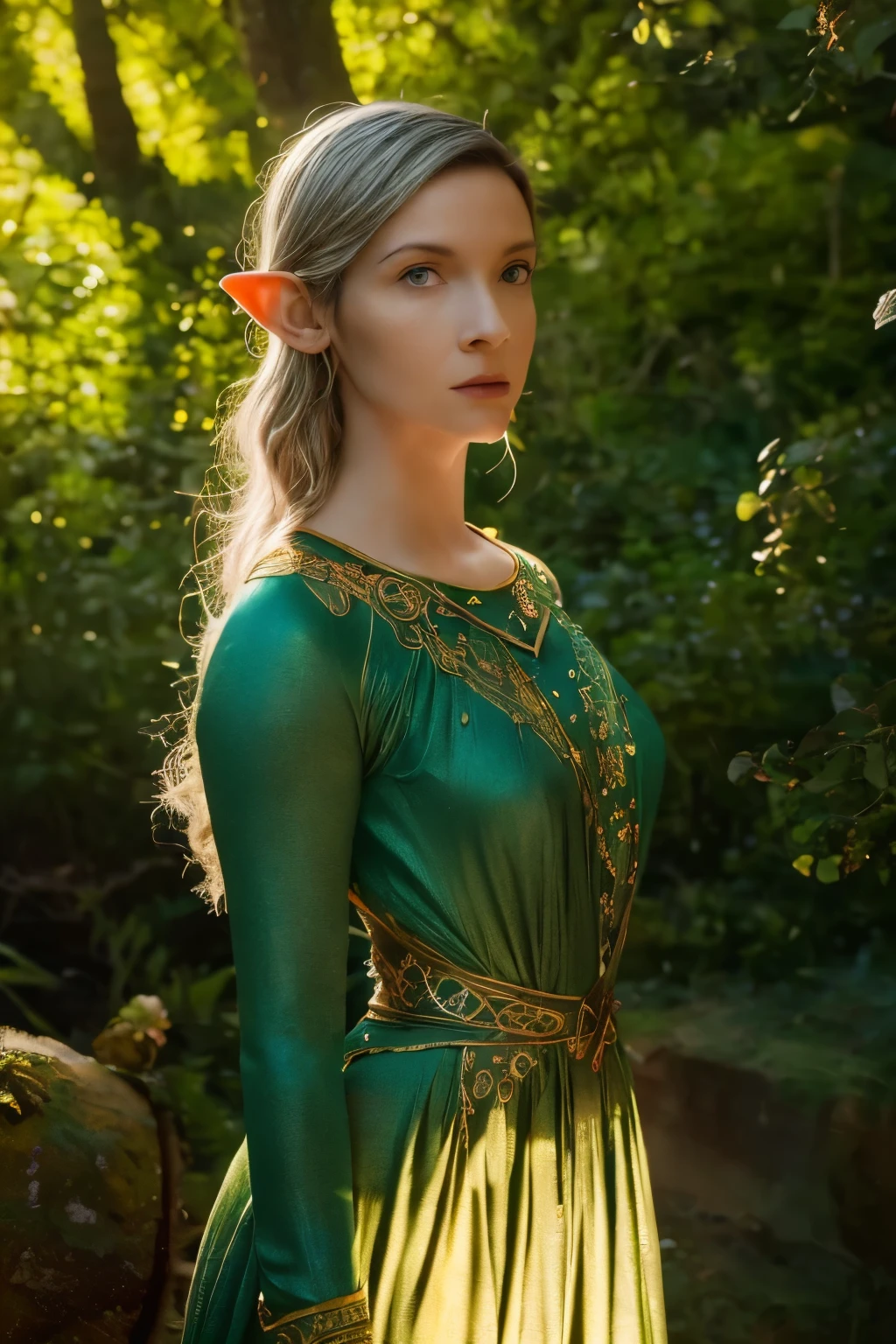 Galadriel, a radiant elven queen, standing gracefully in a magical elven forest bathed in soft, ethereal light. She is wearing a flowing green dress adorned with intricate golden embroidery, reminiscent of delicate vines and leaves, perfectly complementing the lush surroundings. Her long, silvery hair cascades over her shoulders, glowing softly in the dappled sunlight filtering through ancient, towering trees. The forest is alive with magical energy, featuring bioluminescent flowers, sparkling streams, and faint, glowing particles floating in the air. Her expression is serene and wise, her piercing eyes reflecting the timeless beauty and wisdom of the elves. The scene is infused with an otherworldly atmosphere, with fine details in the textures of her dress, the bark of the trees, and the vibrant flora. Photorealistic rendering, ultra-high-definition, with dramatic, yet soft lighting highlighting her elegance and the magical ambiance of the forest.