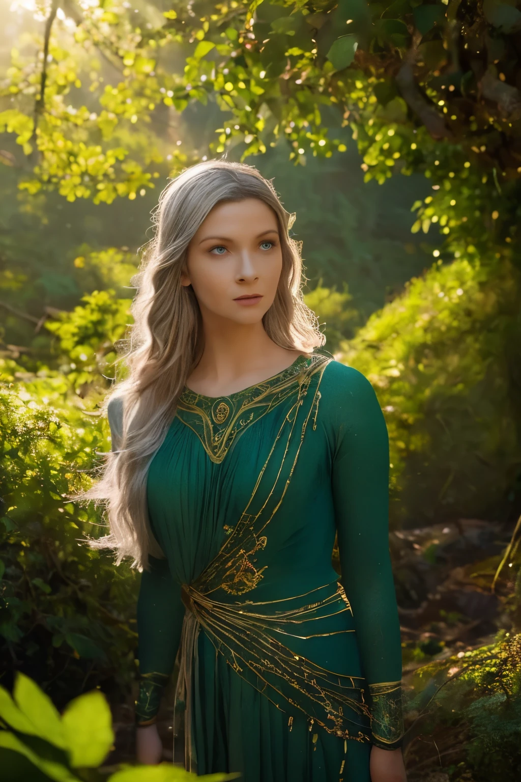 Galadriel, a radiant elven queen, standing gracefully in a magical elven forest bathed in soft, ethereal light. She is wearing a flowing green dress adorned with intricate golden embroidery, reminiscent of delicate vines and leaves, perfectly complementing the lush surroundings. Her long, silvery hair cascades over her shoulders, glowing softly in the dappled sunlight filtering through ancient, towering trees. The forest is alive with magical energy, featuring bioluminescent flowers, sparkling streams, and faint, glowing particles floating in the air. Her expression is serene and wise, her piercing eyes reflecting the timeless beauty and wisdom of the elves. The scene is infused with an otherworldly atmosphere, with fine details in the textures of her dress, the bark of the trees, and the vibrant flora. Photorealistic rendering, ultra-high-definition, with dramatic, yet soft lighting highlighting her elegance and the magical ambiance of the forest.