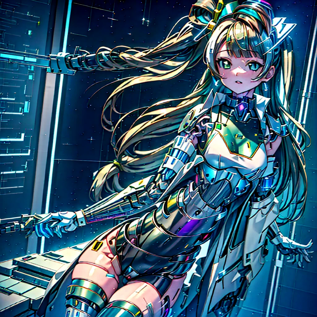 High Quality. Modification surgery. Operating table in the laboratory. Restrained on her back. Kotori Minami made into a cyborg with a machine body. Precision machine girl cyborg body with machine parts exposed. Her whole body is visible. Image from above.