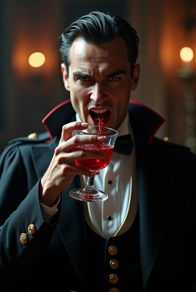 Dracula, wearing a black cape and showing sharp fangs, is seated at an upscale bar in Ginza, Tokyo, sipping a blood-red cocktail. The bar has a luxurious and elegant ambiance, with dim lighting, sleek decor, and a well-stocked bar behind him. Dracula's black cape drapes over his shoulders, adding to his dark and mysterious presence. His sharp fangs are visible as he sips the vibrant red drink, creating a striking contrast with the moody, sophisticated atmosphere. The image is realistic with a cinematic quality, capturing the essence of a classic vampire in a modern, stylish setting