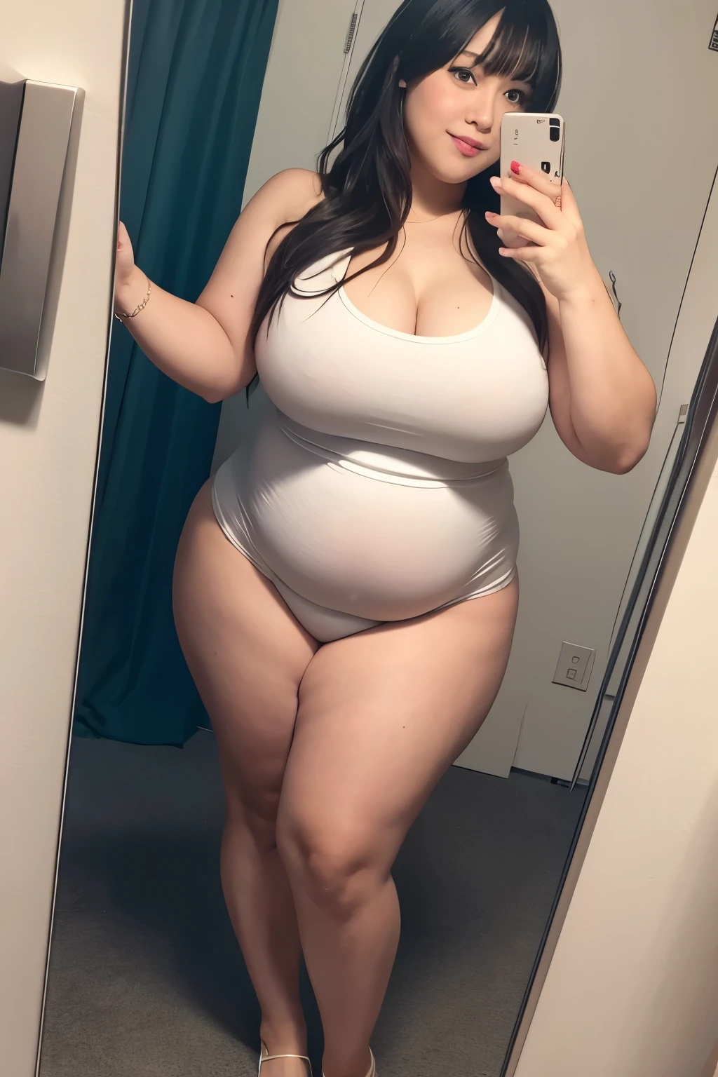 Photorealistc, high quality, perfect body proportion, curvy tiny girl, full body, front view, Curvy body shape (1.5), asian tiny girl, teenager, baby face, large breast (1.5), big aurola, large butt (1.5), large booty (1.5), wide hips (1.5), thick legs, shaved pussy (1.5), nipple expose, oiled shiny skin, seductive pose, thick pubic, visible hips, wearing fishnet, bathroom