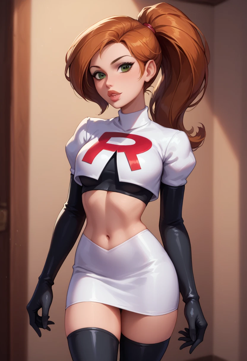 score_9, score_8_up, score_7_up, 1girl, solo, beautiful waifu, Kim Possible, ponytail, filled lips, thick lips, detailed eyes, detailed face, flirt, looking at viewer, Cosplay_TeamRocket, team rocket uniform, white jacket, cropped jacket, white skirt, elbow gloves, black thigh highs, in photographic dark room, low light, shallow depth of field.