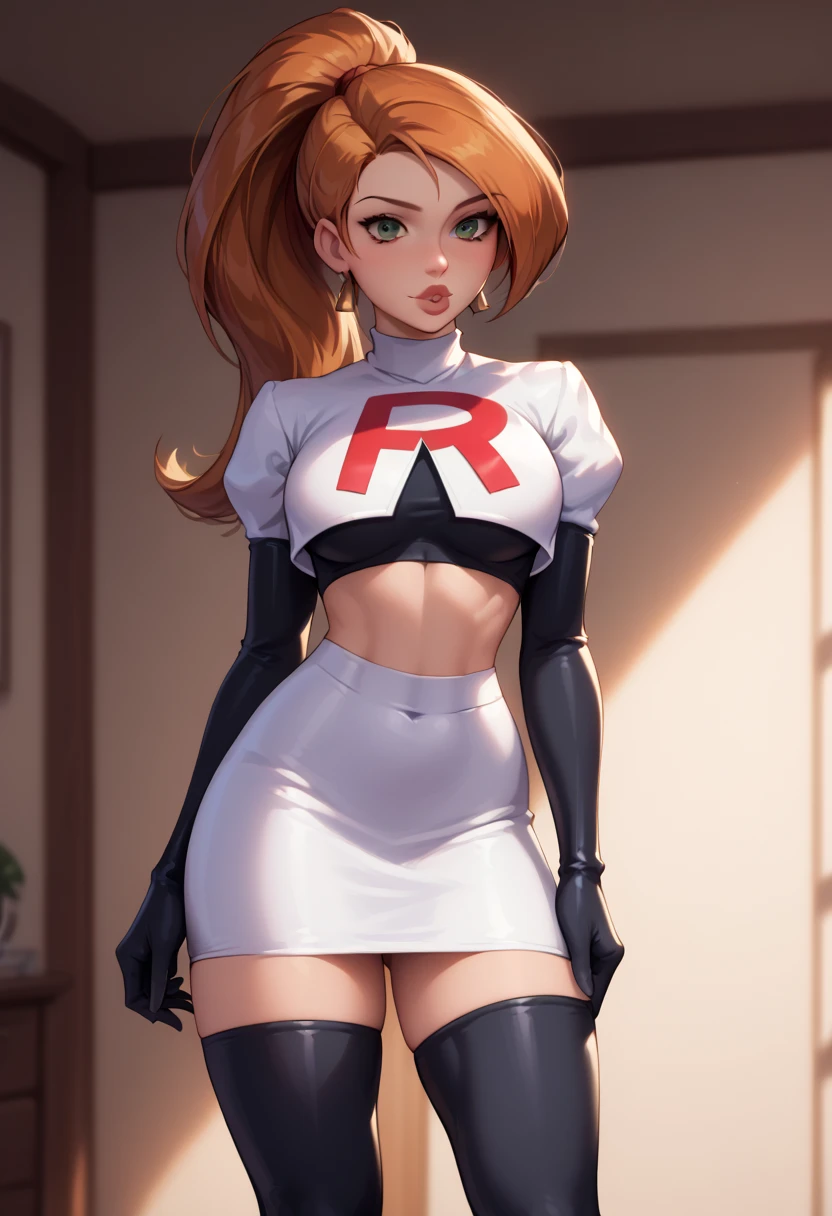 score_9, score_8_up, score_7_up, 1girl, solo, beautiful waifu, Kim Possible, ponytail, filled lips, thick lips, detailed eyes, detailed face, flirt, looking at viewer, Cosplay_TeamRocket, team rocket uniform, white jacket, cropped jacket, white skirt, elbow gloves, black thigh highs, in photographic dark room, low light, shallow depth of field.