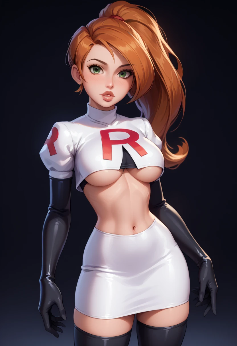 score_9, score_8_up, score_7_up, 1girl, solo, beautiful waifu, Kim Possible, ponytail, filled lips, thick lips, detailed eyes, detailed face, flirt, looking at viewer, Cosplay_TeamRocket, team rocket uniform, white jacket, cropped jacket, white skirt, elbow gloves, black thigh highs, underboob, in photographic dark room, low light, shallow depth of field.