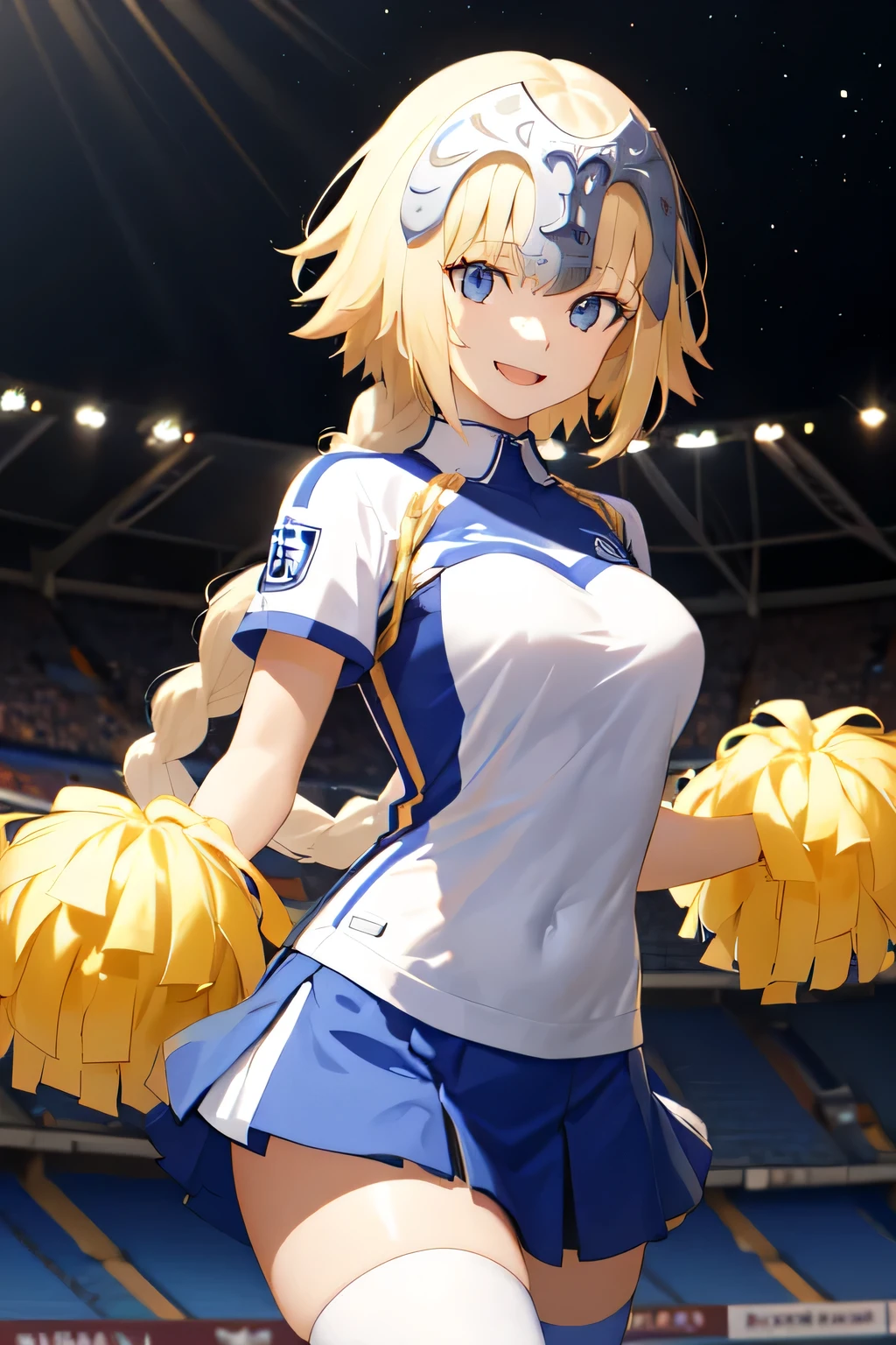 She's wearing a cheerleader costume with a cute design, and her miniskirt and bright bow are eye-catching. The background is a soccer stadium illuminated by the night sky, and the lighting creates a dramatic atmosphere. She is cheering in a pose with one leg raised high. White panties are visible. Masterpiece , best quality, high definition , long hair, Single Blade , Long Braids , Headpiece,  black knee high , smile, 