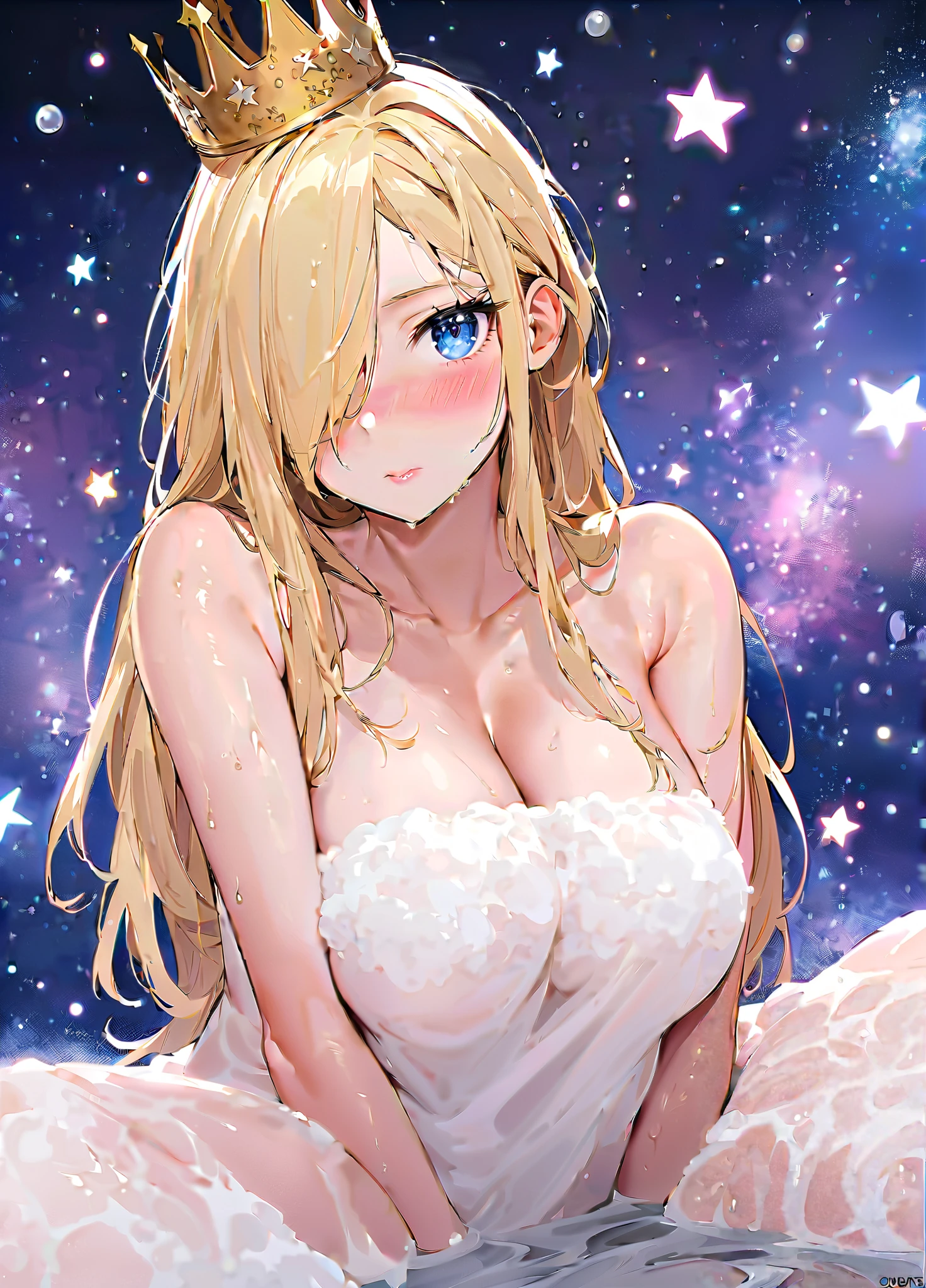 ((masterpiece, highest quality, High resolution, 超High resolution, Perfect Pixel, Written boundary depth, 4K,  High resolution))), One Woman, single, alone, Beautiful Anime Women, Beautiful art style, Anime characters, ((Long Hair, bangs, Golden shiny hair:1.8, Curly Hair:1.6)), ((Bright golden eyes:1.4, Round eyes, Beautiful long golden false eyelashes, Realistic eyes)), ((Detailed face, Blushing:1.2)), ((Smooth texture:0.75, Realistic texture:0.65, Realistic:1.1, Anime CG Style)), ((Lips become thicker、Open your mouth a little、A big smile))、((Flat Chest:1.5)), ((Perfect Fingers、Perfect hands、Perfect Arms、Five Fingers))、Dynamic Angle, Perfect body, ((whole body)), ((All Nude)), smile, Show me your hands, (Space:1.5)、Transparent spaceship、Spaceに漂う、Midnight、Starry Sky、shooting star、whole body、Nipples are visible、vagina、Slender body、Sit flat on the ground、(vaginaを見せる:1.5)、Spread your legs、princess gold tiara、Red Gem、bracelet、big blue necklace、armlet、(Sweat gushing:1.8)、(Sweat flying:1.5)、During pregnancy、Last month of pregnancy、(Princess Dress:1.7)