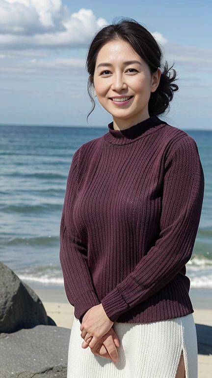 最high quality, 8k, Vibrant, Sharp focus, high quality, High resolution, Middle-aged women, Mature Woman, 49 years old, (Whole Body Ezbian), (High heels facial detail, Highly detailed eyes, Thick lips, Plump figure、plump face、((Big  1.8))、(knitted sweater))、Beach on the rocks，Random Hairstyles、A kind smile、A captivating gaze、big ass


