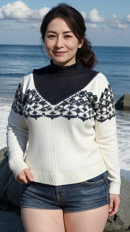 最high quality, 8k, Vibrant, Sharp focus, high quality, High resolution, Middle-aged women, Mature Woman, 49 years old, (Whole Body Ezbian), (High heels facial detail, Highly detailed eyes, Thick lips, Plump figure、plump face、((Big  1.8))、(knitted sweater))、Beach on the rocks，Random Hairstyles、A kind smile、A captivating gaze、big ass


