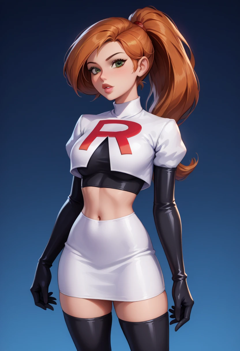 score_9, score_8_up, score_7_up, 1girl, solo, beautiful waifu, Kim Possible, ponytail, filled lips, thick lips, detailed eyes, detailed face, flirt, looking at viewer, Cosplay_TeamRocket, team rocket uniform, white jacket, cropped jacket, white skirt, elbow gloves, black thigh highs, in photography darkroom, red light, shallow depth of field.