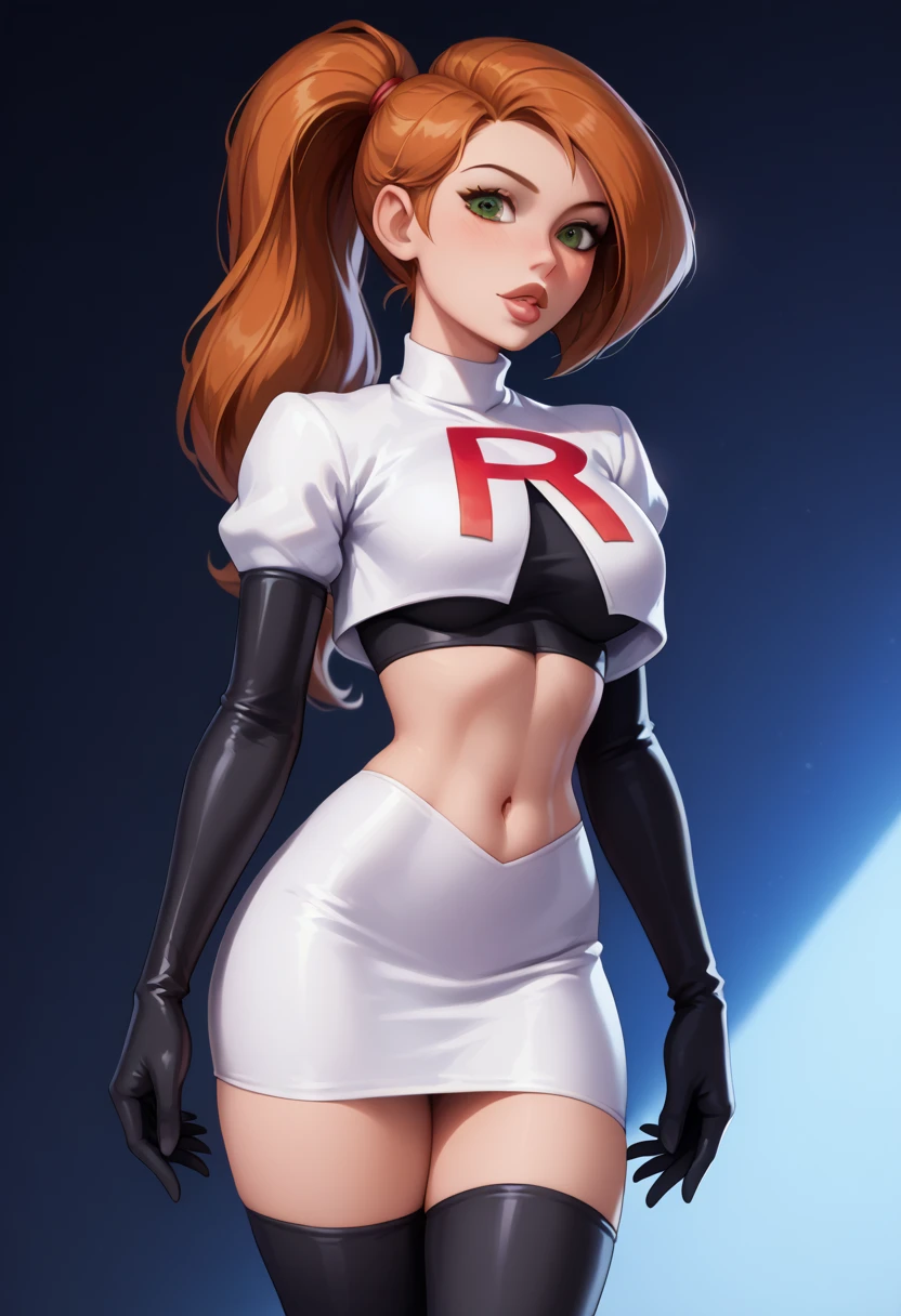 score_9, score_8_up, score_7_up, 1girl, solo, beautiful waifu, Kim Possible, ponytail, filled lips, thick lips, detailed eyes, detailed face, flirt, looking at viewer, Cosplay_TeamRocket, team rocket uniform, white jacket, cropped jacket, white skirt, elbow gloves, black thigh highs, in photography darkroom, red light, shallow depth of field.