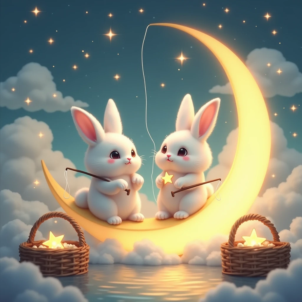 the huge moon，Round again，Hang in the sky，There is a magnificent palace in the clouds，splendid，Around the clouds，Many little bunnies，A big rabbit，Holding mooncakes，Jump high，fantasy，k hd，4K，