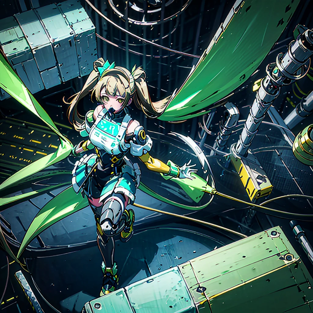 High Quality. Modification surgery. Operating table in the laboratory. Restrained on her back. Kotori Minami made into a cyborg with a machine body. Precision machine girl cyborg body with machine parts exposed. Her whole body is visible. Image from above.