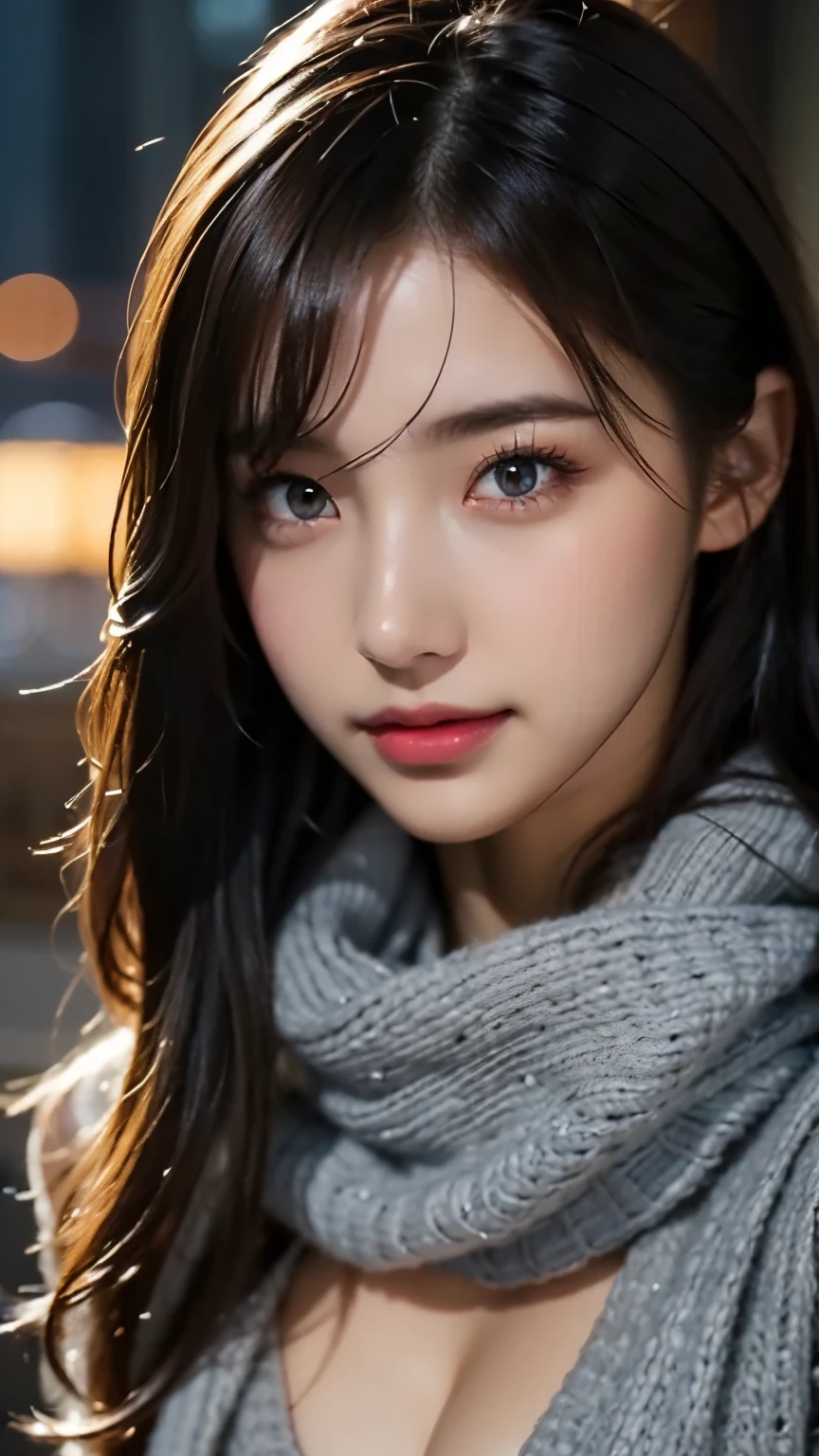  1 girl,(Dark Gray Sweater:1.4),( Is wearing a large scarf around his neck:1.2), ( RAW photos ,  best quality ), ( realistic ,  photorealistic:1.4),  table top in front of you,  very delicate and beautiful,  very detailed, 8k wallpaper,  Stunning , finely,  very detailed CG Unity,  high definition ,  soft light ,  beautiful 19 year old girl in every detail,  very detailed目と顔,  beautiful detailed nose,  precise and beautiful eyes , cinematic lighting,City lights at night,  Perfect Anatomy  ,細身の体,smile (Dirty hair,  asymmetrical bang,  light brown hair ,)