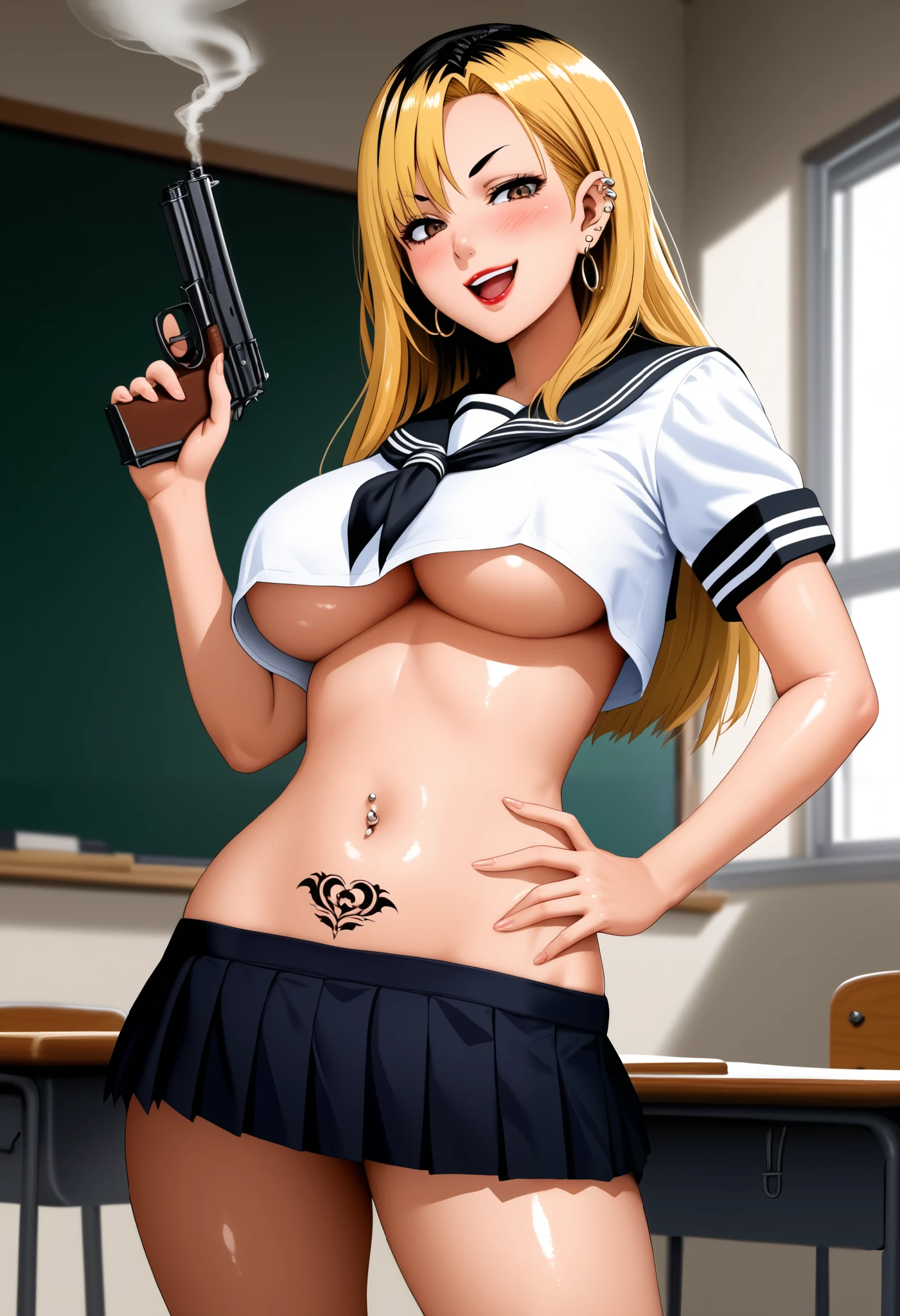 , 1female_knight, masterpiece, best quality, ((unbuttoned , cleavage, necklace, earrings, sexy body, breasts)) , micro skirt, smiling, navel , exposed belly, exposed navel,(nsfw) not safe for work,school, classroom , holding a gun, hold a gun