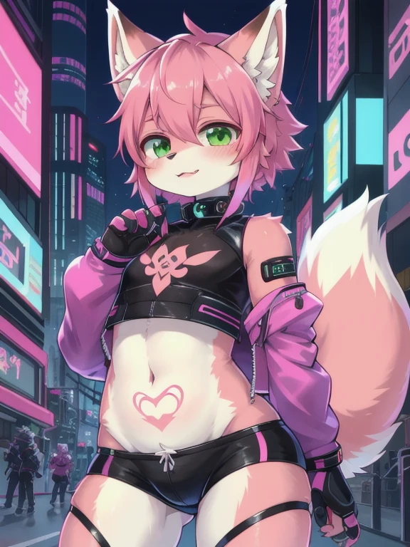 masterpiece, perfect anatomy, solo, 1boy, Furry, kemono, furry shota, furry fox, anthropomorphic, male, pink fur, pink skin, green eyes, femboy, cyberpunk clothes, revealing clothes, cyberpunk city, strip club, uploaded on e621, Cyberpunk technology. cybernetics, glowing womb tattoo, by Zackary91