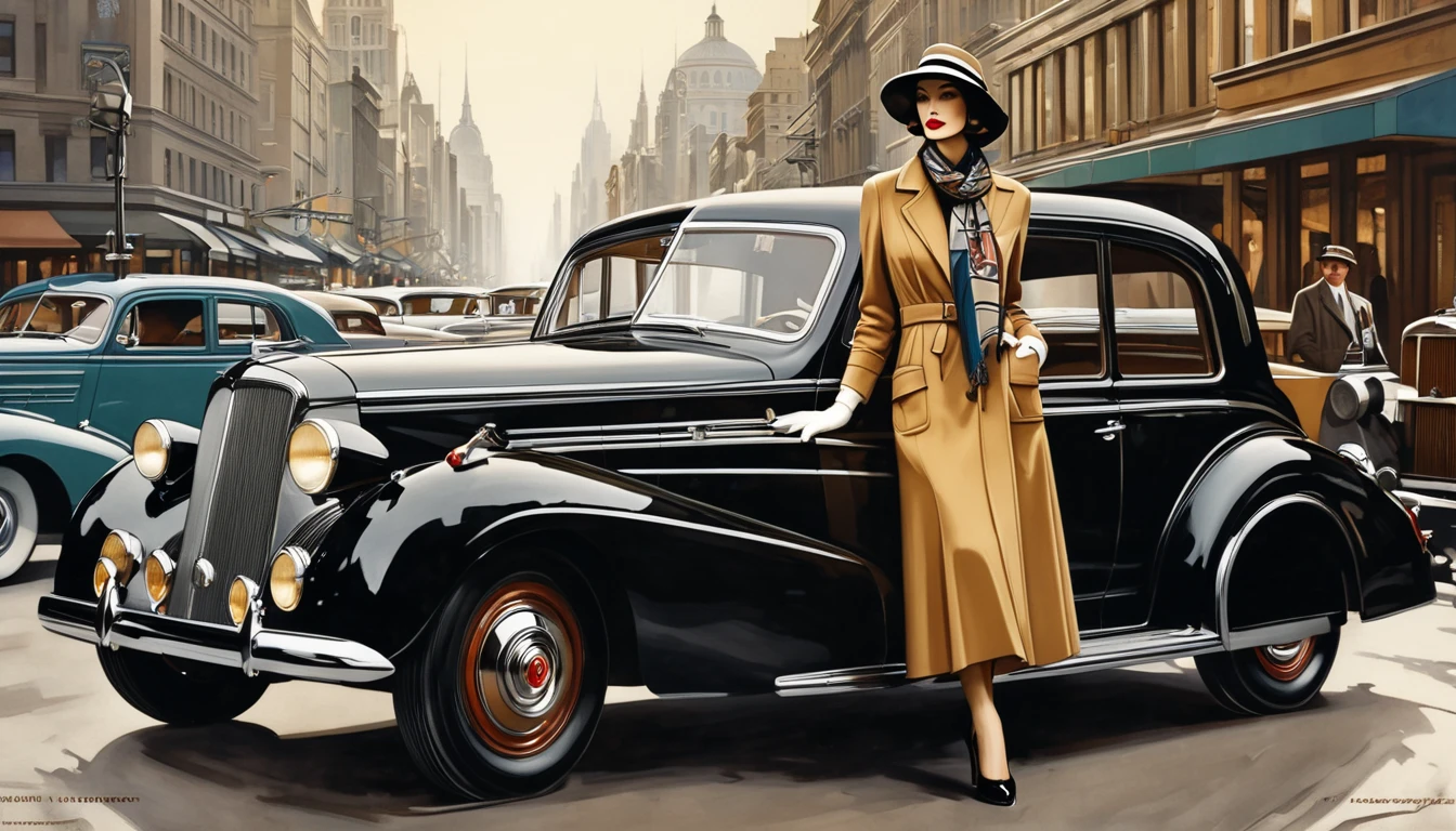 Beautiful woman standing beside a car wearing a hat and scarf。Vintage Car、Vintage Car、 inspired by Anka Zhuravleva、Classic Car、Classic Car、 Vintage Fashion 、By Brian Bolland、JC Leyendecker 8K、By Otto Schmidt、By José Comas Quesada、By Martin Ansin、JC Leyendecker 8K、By Roberto Parada、By Fred Kress、By Roy Dalgarno、By Craig Thompson、Cinematic。Art Deco