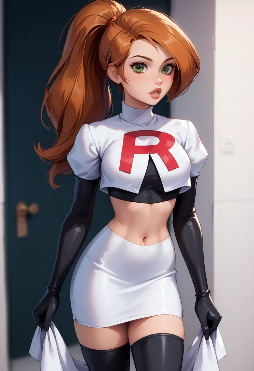 score_9, score_8_up, score_7_up, 1girl, solo, beautiful waifu, Kim Possible, ponytail, filled lips, thick lips, detailed eyes, detailed face, flirt, looking at viewer, Cosplay_TeamRocket, team rocket uniform, white jacket, cropped jacket, white skirt, elbow gloves, black thigh highs, in photography darkroom, photos drying on line, photos on the walls, red light, shallow depth of field.