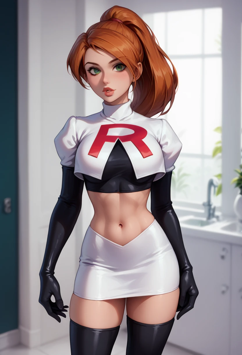 score_9, score_8_up, score_7_up, 1girl, solo, beautiful waifu, Kim Possible, ponytail, filled lips, thick lips, detailed eyes, detailed face, flirt, looking at viewer, Cosplay_TeamRocket, team rocket uniform, white jacket, cropped jacket, white skirt, elbow gloves, black thigh highs, in photography darkroom, photos drying on line, photos on the walls, red light, shallow depth of field.