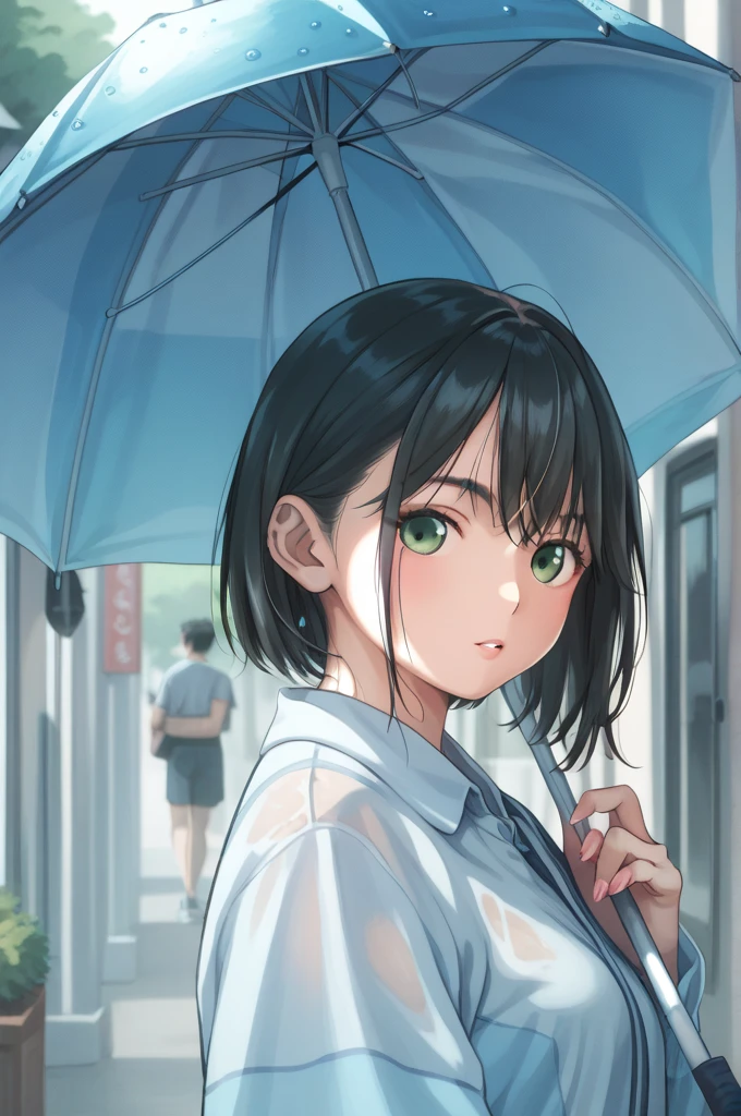  short bob　Tall　A beautiful system　Long Hair　 black hair　Poses like a photo book　Green Eye　Holding an umbrella in a rainy park