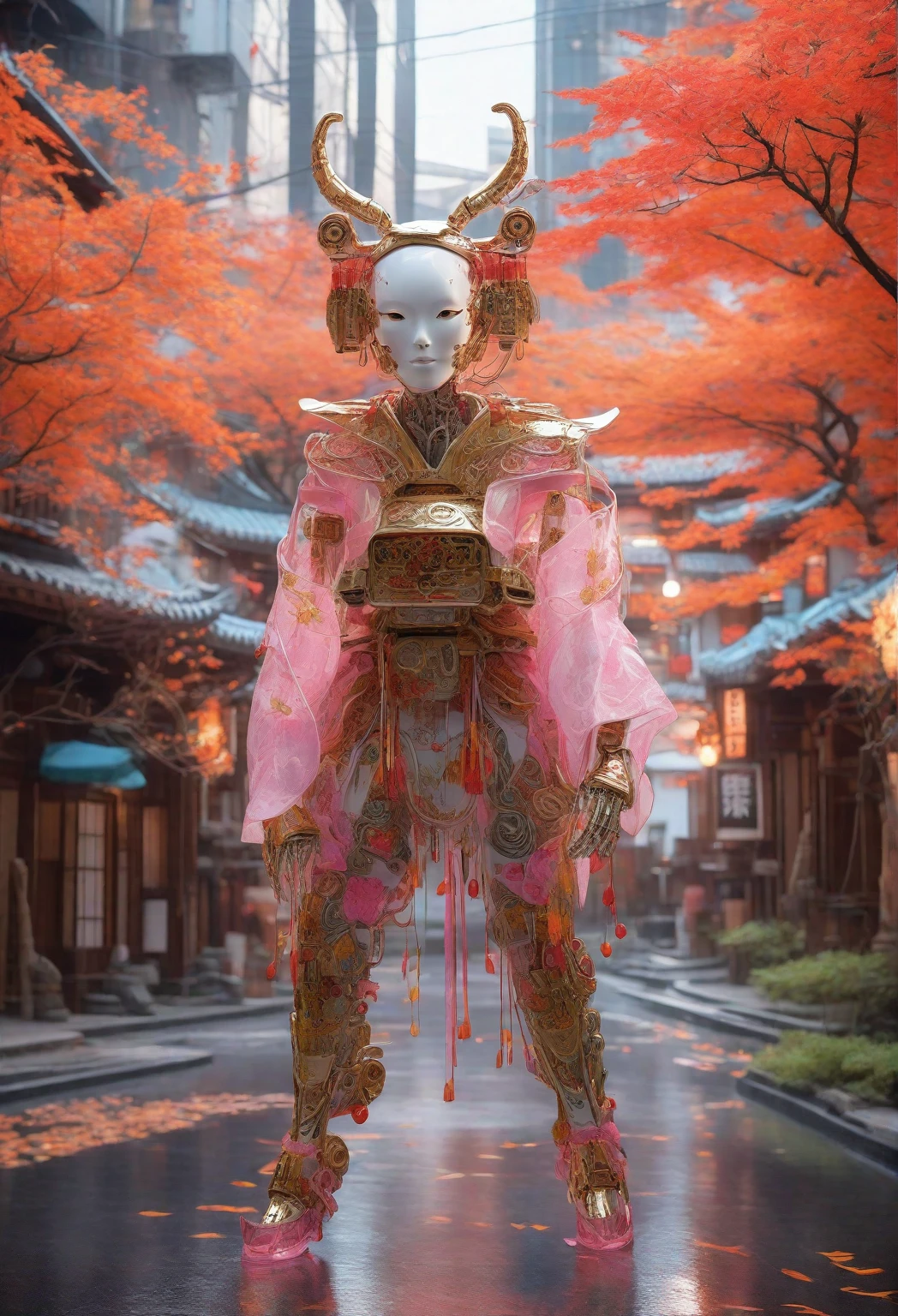 "Create a hyper-realistic image of a humanoid female android wearing a traditional Japanese multi-layered kimono with intricate patterns and vibrant colors, such as pink, orange, and floral motifs. The android's mechanical features should be highly visible and intricately designed, showcasing metallic joints, robotic hands, and an advanced skeletal frame. The head should be adorned with a mask-like faceplate that blends elegance and futuristic aesthetics, including subtle horns or protrusions that enhance its otherworldly appeal.

The setting is a traditional Japanese street during autumn, with vibrant red and orange maple leaves falling gently in the background. The architecture should feature classic wooden houses and glowing paper lanterns to add a warm, nostalgic atmosphere. The android should be walking gracefully along the street, exuding a sense of harmony between tradition and technology. The lighting should create a dramatic contrast between the warm glow of the lanterns and the cool metallic sheen of the android's robotic components."
