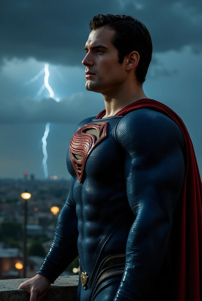 A muscular attractive h3nr4, Henry Cavil with Short stubble, strong physique, muscular thighs, wetclothes, dressed in tight blue Superman suit, a red cape falls behind his shoulders, lies on the floor leaning against a wall, in pain, with his eyes closed. Dark clouds lightning background, night lighting, cinematic and moody, (best quality,4k,8k,highres,masterpiece:1.2),ultra-detailed,(realistic,photorealistic,photo-realistic:1.37),HDR,studio lighting,professional,vivid colors,dramatic lighting