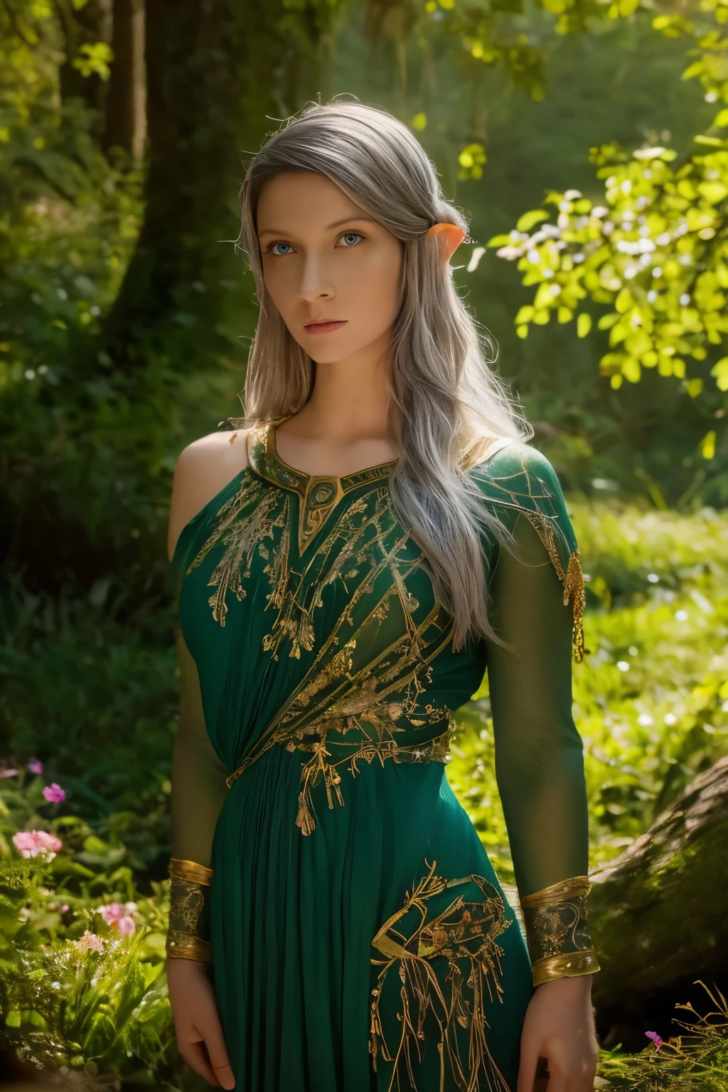 Galadriel, a radiant elven queen, standing gracefully in a magical elven forest bathed in soft, ethereal light. She is wearing a flowing green dress adorned with intricate golden embroidery, reminiscent of delicate vines and leaves, perfectly complementing the lush surroundings. Her long, silvery hair cascades over her shoulders, glowing softly in the dappled sunlight filtering through ancient, towering trees. The forest is alive with magical energy, featuring bioluminescent flowers, sparkling streams, and faint, glowing particles floating in the air. Her expression is serene and wise, her piercing eyes reflecting the timeless beauty and wisdom of the elves. The scene is infused with an otherworldly atmosphere, with fine details in the textures of her dress, the bark of the trees, and the vibrant flora. Photorealistic rendering, ultra-high-definition, with dramatic, yet soft lighting highlighting her elegance and the magical ambiance of the forest.