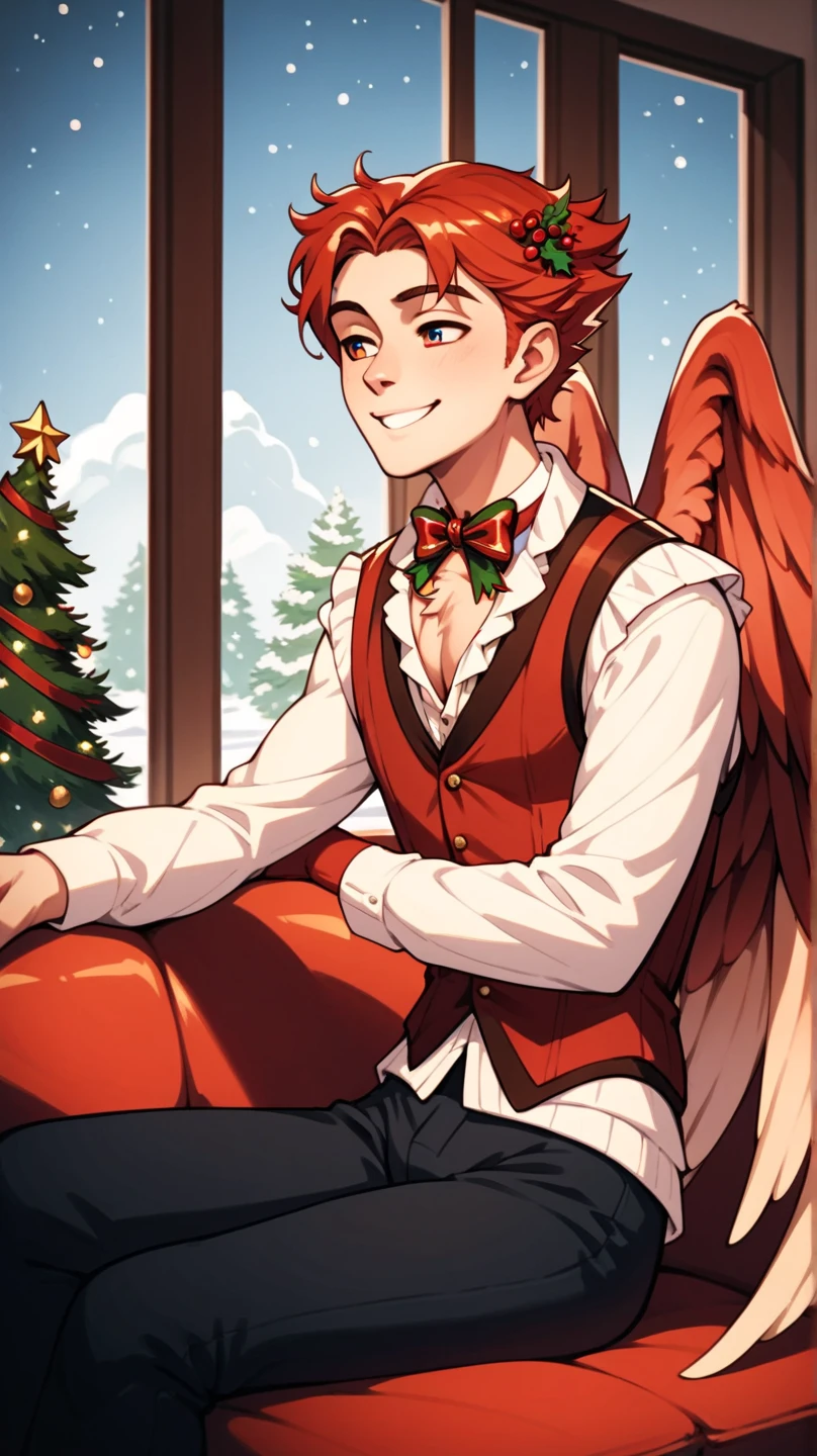 masterpiece, 1boy, solo, herneval, feathered, wings, vest, xmas, victorian indoors, xmas tree, pile of xmas gifts, snow in window, sitting in a red couch, light smile, 