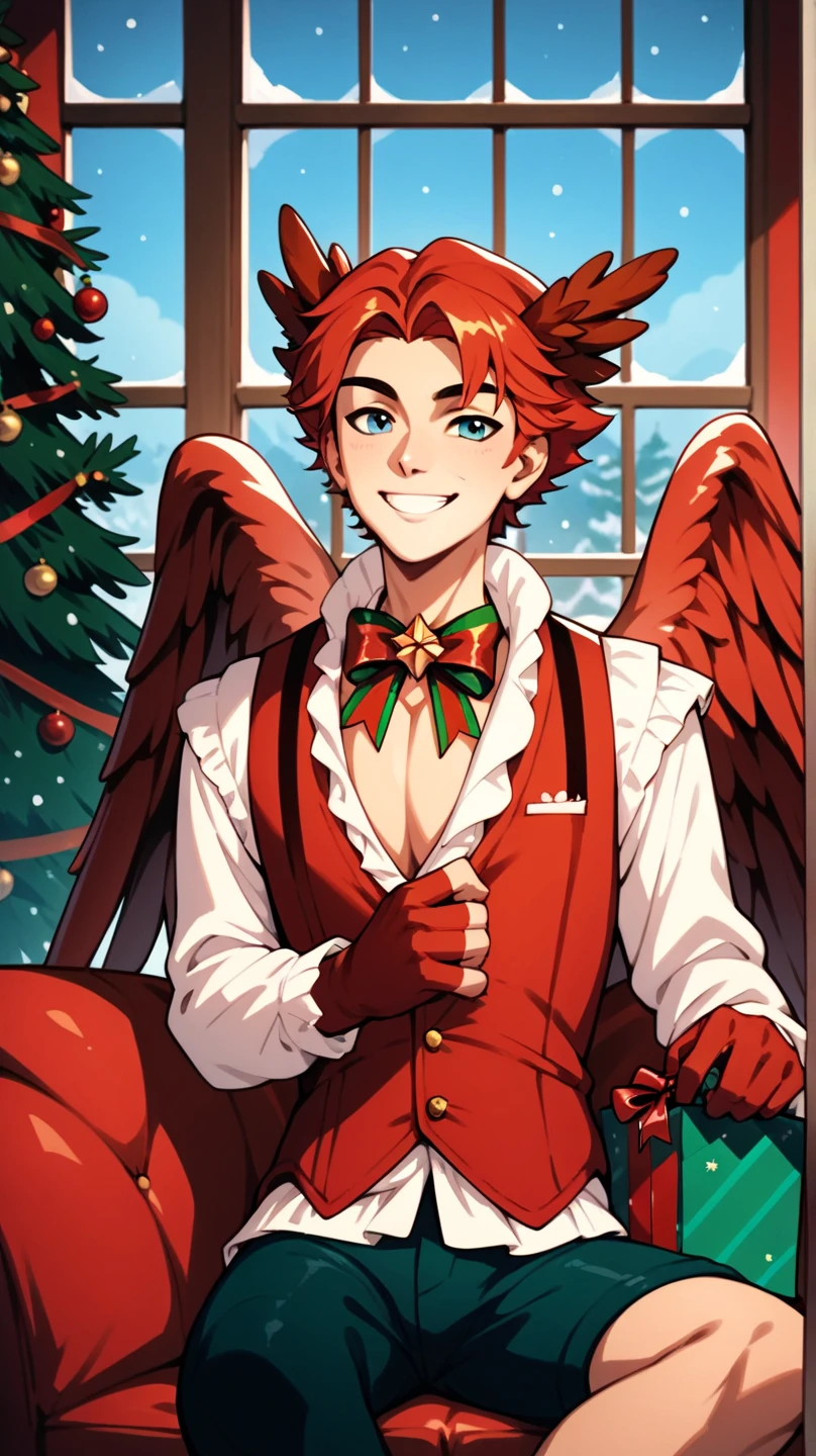 masterpiece, 1boy, solo, herneval, feathered, wings, vest, xmas, victorian indoors, xmas tree, pile of xmas gifts, snow in window, sitting in a red couch, light smile, 