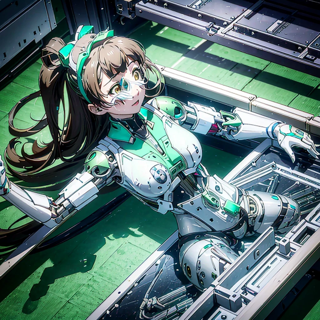 High Quality. Modification surgery. Operating table in the laboratory. Lying on her back. Kotori Minami being made into a cyborg with a machine body. The body of a precision machine with exposed mechanical parts. Her whole body is visible. Image from above.