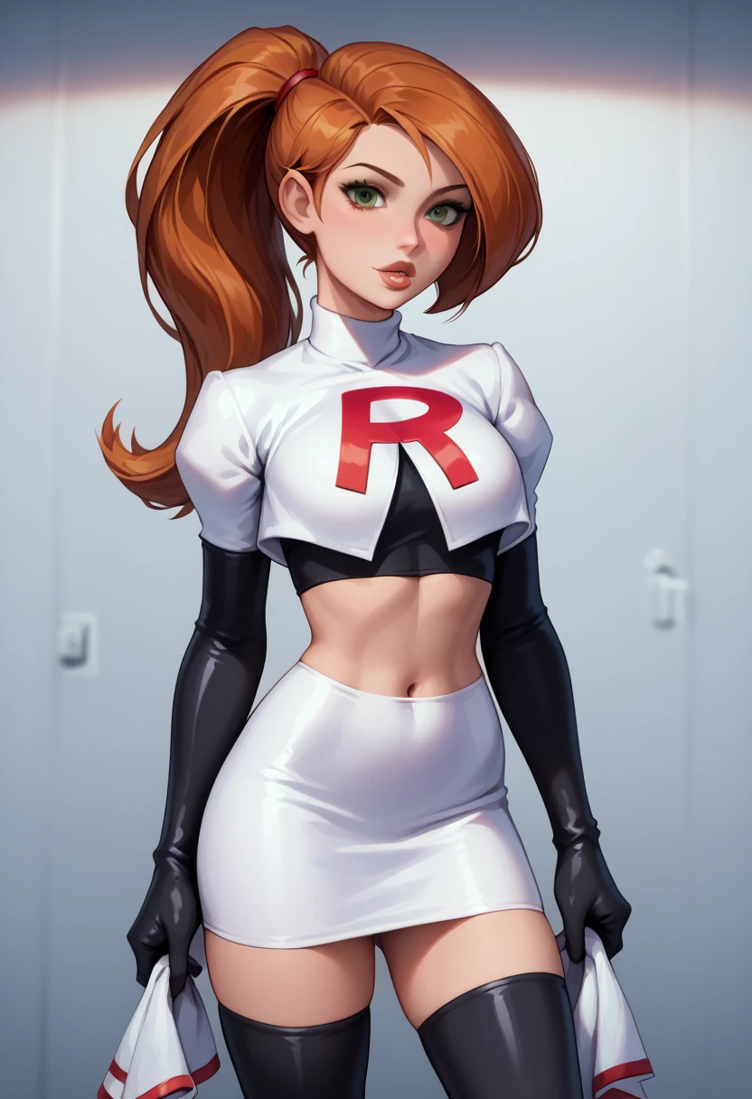 score_9, score_8_up, score_7_up, 1girl, solo, beautiful waifu, Kim Possible, ponytail, filled lips, thick lips, detailed eyes, detailed face, flirt, looking at viewer, Cosplay_TeamRocket, team rocket uniform, white jacket, cropped jacket, white skirt, elbow gloves, black thigh highs, (in photography darkroom, photos drying on line, photos on the walls, red light:1.1), shallow depth of field.