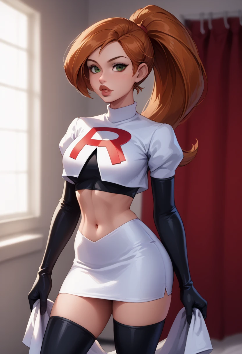 score_9, score_8_up, score_7_up, 1girl, solo, beautiful waifu, Kim Possible, ponytail, filled lips, thick lips, detailed eyes, detailed face, flirt, looking at viewer, Cosplay_TeamRocket, team rocket uniform, white jacket, cropped jacket, white skirt, elbow gloves, black thigh highs, (in photography darkroom, photos drying on line, photos on the walls, red light:1.1), shallow depth of field.