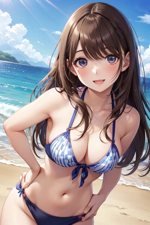 All intrixate details: (1 beautiful girl with a perfect body, medium and firm bust, hair and bikini rising due to strong wind, short bikini untied, blushing, nude, embarrassed expression, low back angle shot)