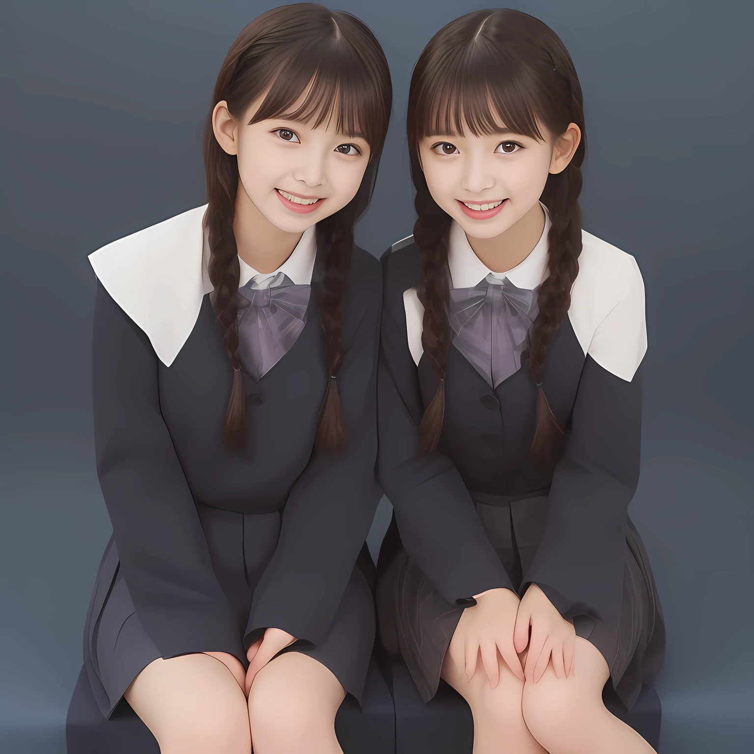 (Highest quality, masterpiece:1.2), Highest quality, High resolution, 1080P, 8k, (Two 13yo Japanese slender 清楚美少女アイドル are seated and give strong subliminal sexual invitation and temptation, cute skirt with beautiful knees, looking at the viewer, viewer's first lover, can't stop showing cute smile open mouth because of feeling the viewer too ridiculous, very white-white face, very proud of her long black twin-braids hair, using face-whitening cosmetics, 13yo 美少女's eyes, Small pupils, laughing giggling most open mouth, too expensive navy sailor-styled school uniform, well-straitened super-long well-trimmed braids hair, evenly neatly trimmed girly cute bangs: 1.5), (Laughing blushed cheeks with dimples), (Well-balanced, impressive, very intelligent, double-eyelids, black shining large eyes of 13yo 美少女 with detailed: 1.5), ((Beautiful well-figured glossy opened laughing lips: 1.2)), (mature breast), (The viewer is forced to madly kiss her breast ribbon), (Very beautiful, super-glossy, cute neat black pretty-twin-braids hair, well-done hair-style: 1.3), (plain blue background: 1.6), (((Completely balanced beautiful big cool eyes: 1.3))), (eyes, face and hair are especially beautifully detailed and beautifully drawn: 1.5), (She makes the viewer drink her love ribbon: 1.2), (the viewer become crazy and can't stop bursting and running every liquid to 清楚美少女, 美少女 is surprised : 1.7), (School uniform, too-cute slender 13歳 black pretty-twin-braids-hair Japanese 美少女 idol twins are laughing at me and unties the breast button and make the viewer drink it: 2.0), (Super-pretty twin-braids hair super-beautiful magically-bewitching 美少女 super-cute face navy-sailor-suit school-uniform pretty slender 美少女 of 美少女 photo magazine in the 1990s: 2.0), (Atmosphere and expressions and all the symbols are cleverly devised traps to force the viewer fall quickly into eternal deep deep unreal sexual pleasure of beautiful girl's inevitable embrace hypnosis: 2.0)